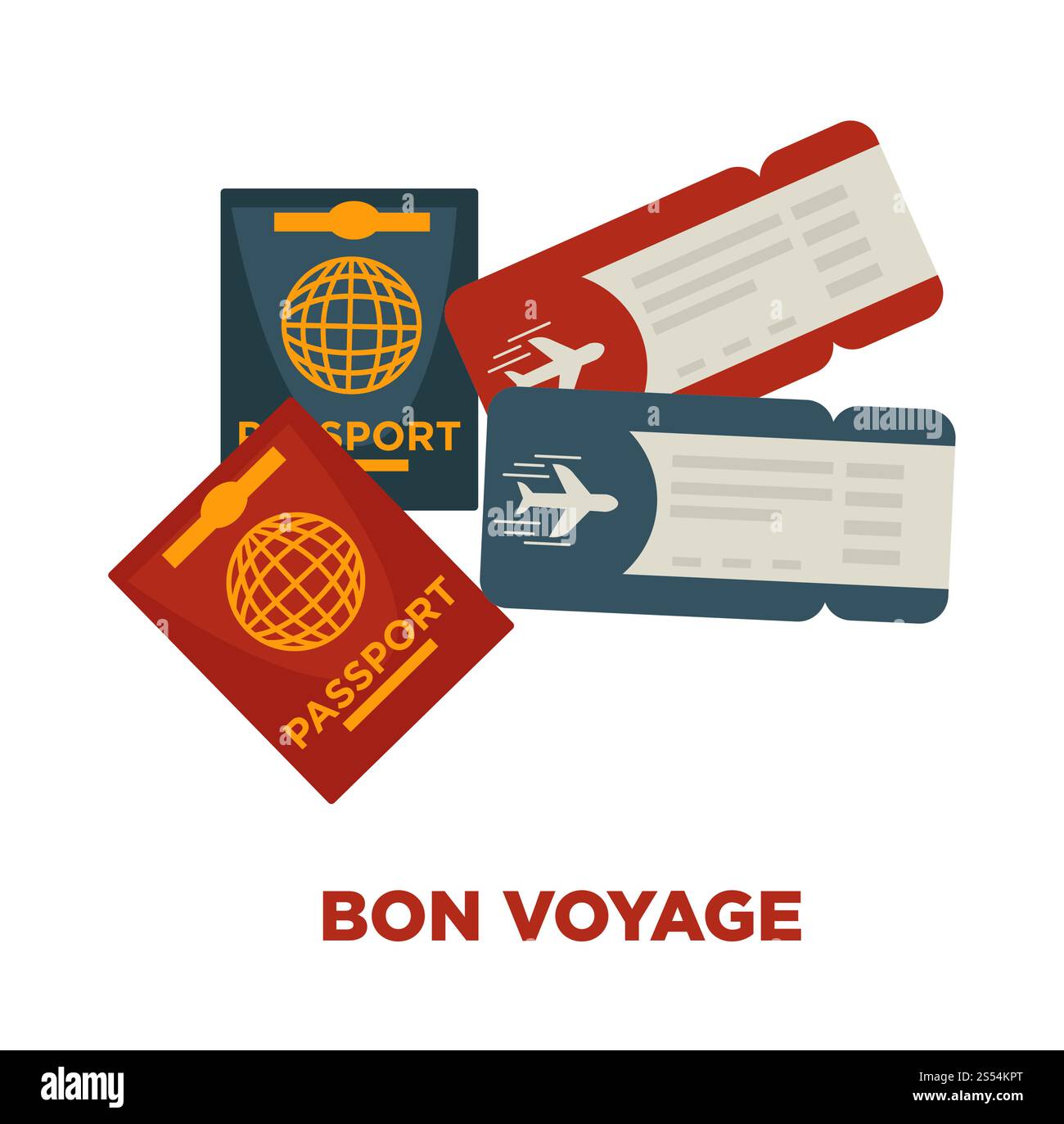 Bon Voyage Werbeplakat mit internationalen Pässen und Tickets für Flug isolierte Zeichentrickfilm flache Vektor-Illustration auf weißem Hintergrund. Notwendige Dokumente, um in den Urlaub ins Ausland zu kommen. Bon Voyage Werbeplakat mit internationalen Pässen und Tickets Stock Vektor