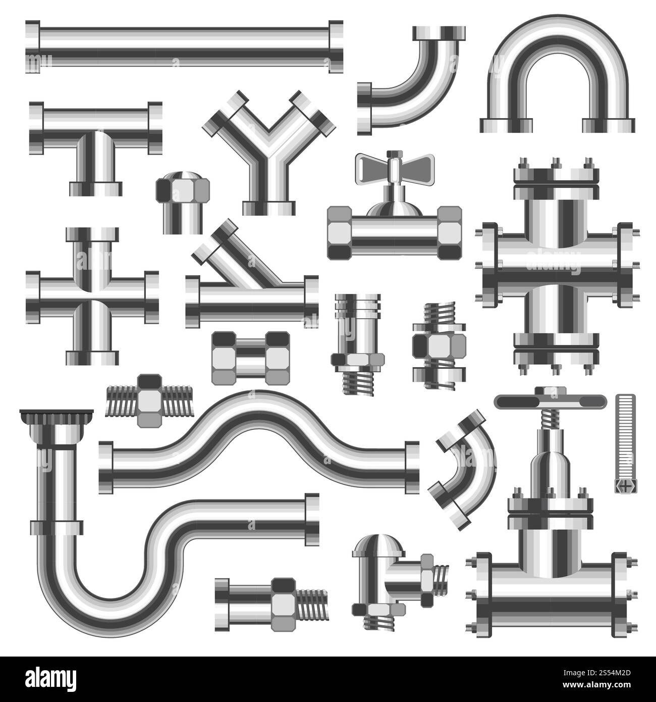 Silber glänzend polierte Röhren und Rohrleitungsdetails mit Kränen isolierte realistische Vektor-Illustrationen auf weißem Hintergrund. Massive Metallausrüstung für die Installation und Reparatur von Hausinstallationen. Silberne Rohre und Rohrleitungsdetails mit Kränen Stock Vektor