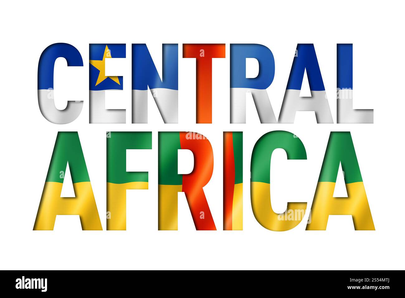 Schriftart für Flaggen der Zentralafrikanischen Republik. Hintergrund des nationalen Symbols. Schriftart für Flaggen der Zentralafrikanischen Republik Stockfoto