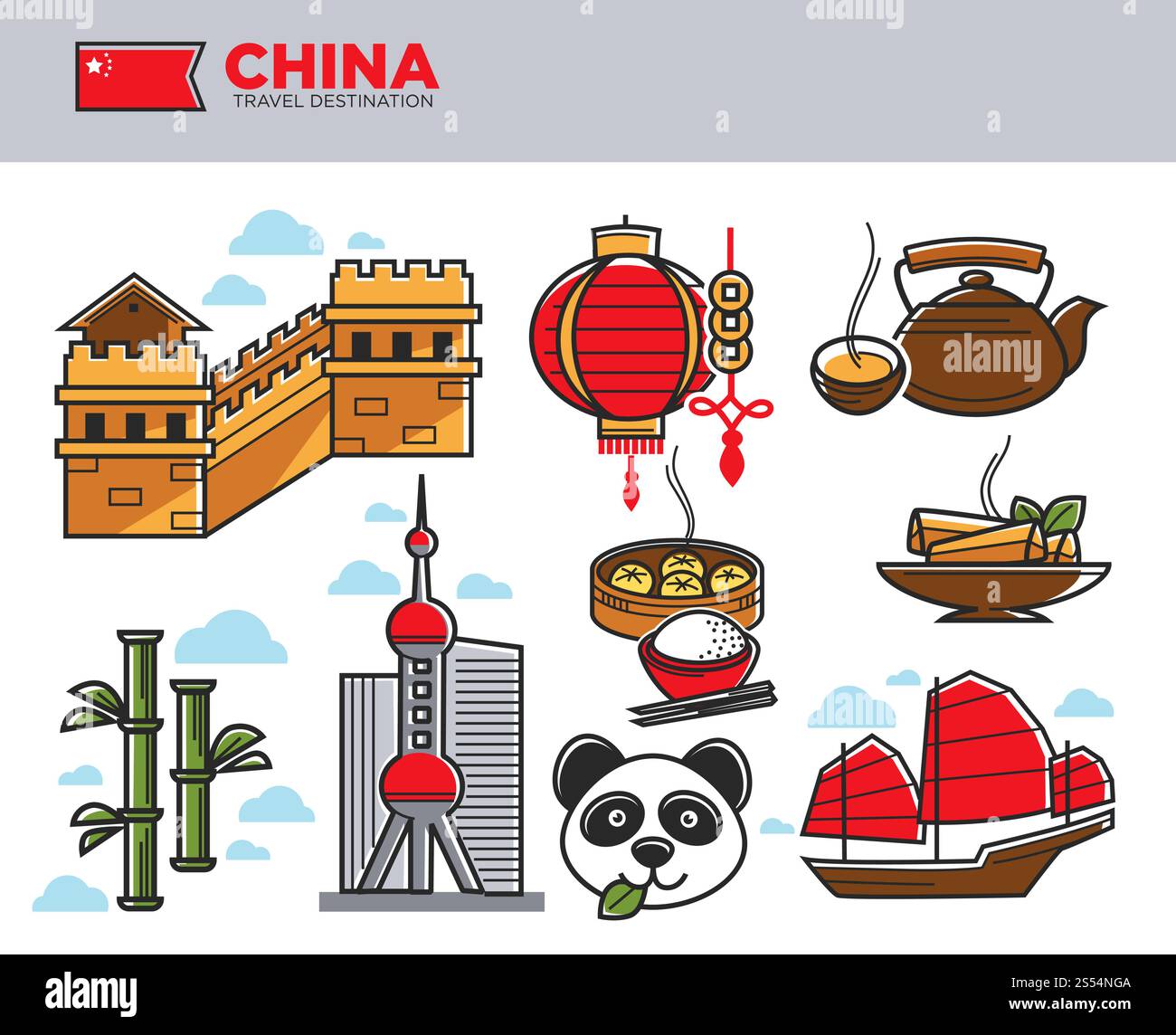 Sehenswürdigkeiten und berühmte Symbole der chinesischen Kultur in China. Vektor Chinesische Flagge oder Papier Laterne, Peking große Mauer oder Panda auf Bambus, Shanghai TV Tower, Nudeln oder Reis Essen, grüne Tee Ikonen Set. China Reise Wahrzeichen und chinesische Kultur berühmte Symbole Vektorsymbole gesetzt Stock Vektor
