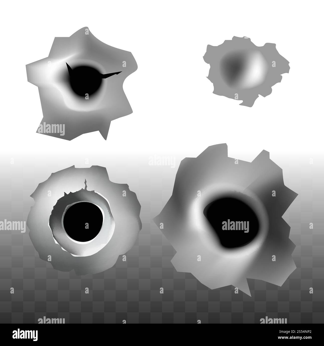 Kugelloch mit Rissen an Glas- oder Metallwand und transparentem Hintergrund. Vektor-isolierte realistische Schusslöcher Set von Schrotflinten-Spurmarkierung. Aufzählungslöcher auf Vektor transparenter Hintergrund Risssymbole gesetzt Stock Vektor