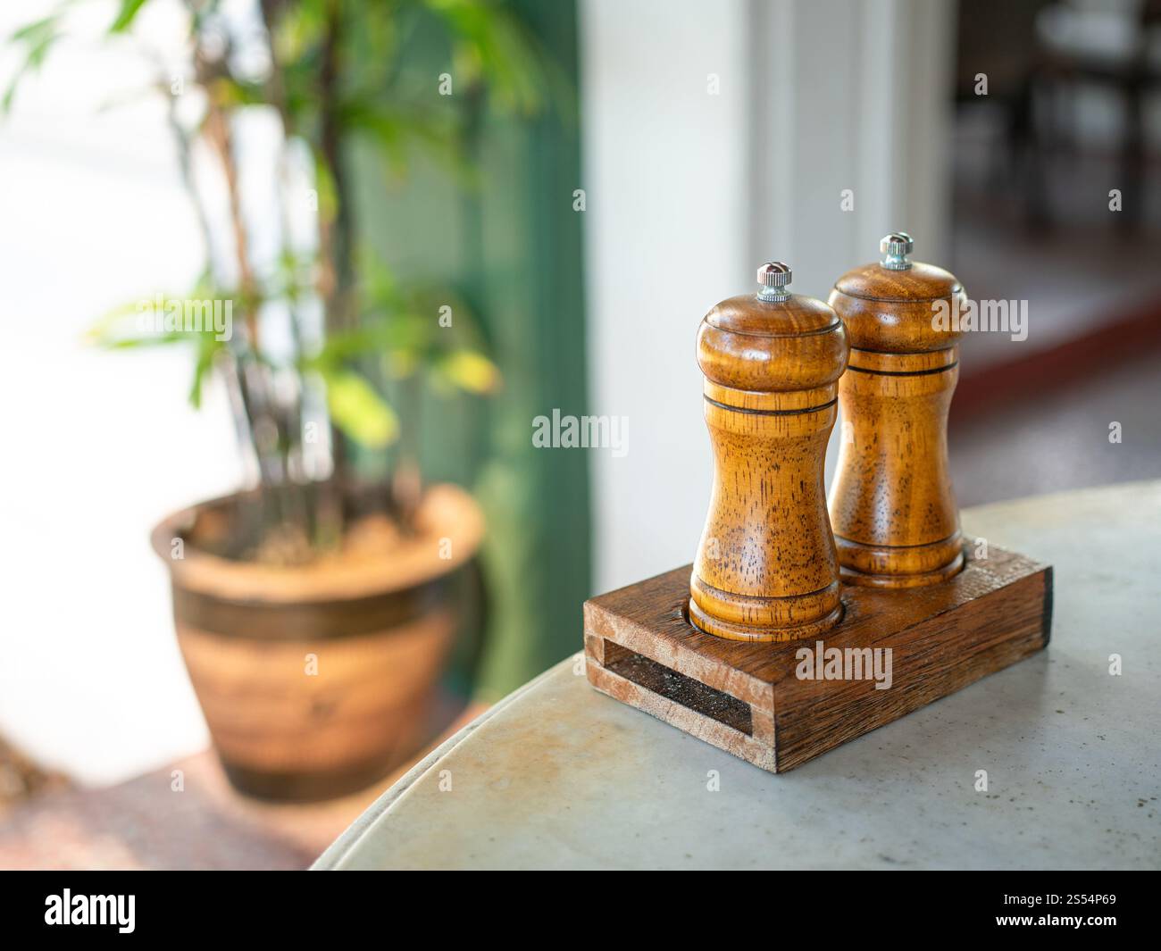 Hölzerner Chili-Pfeffermühle Salz- und Pfefferstreuer stellen den Behälter auf den Tisch. Stockfoto