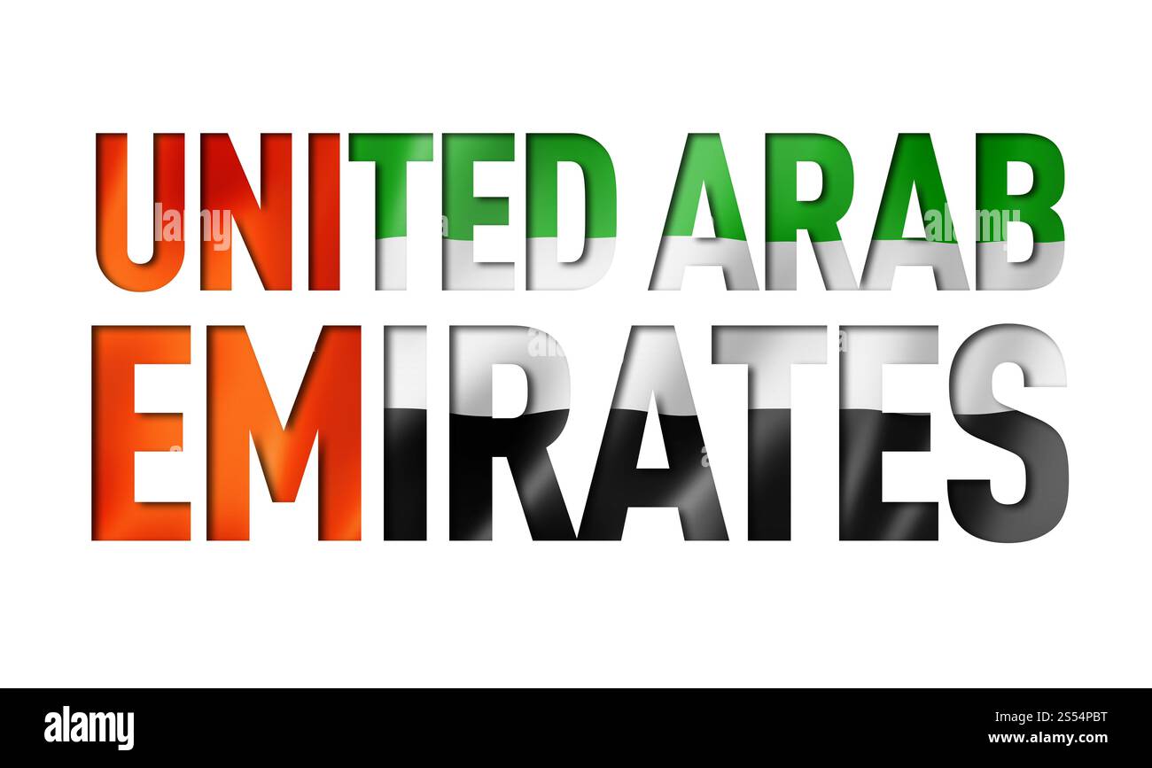 Schriftart für Flaggen der Vereinigten Arabischen Emirate. Hintergrund des nationalen Symbols. Schriftart für Flaggen der Vereinigten Arabischen Emirate Stockfoto