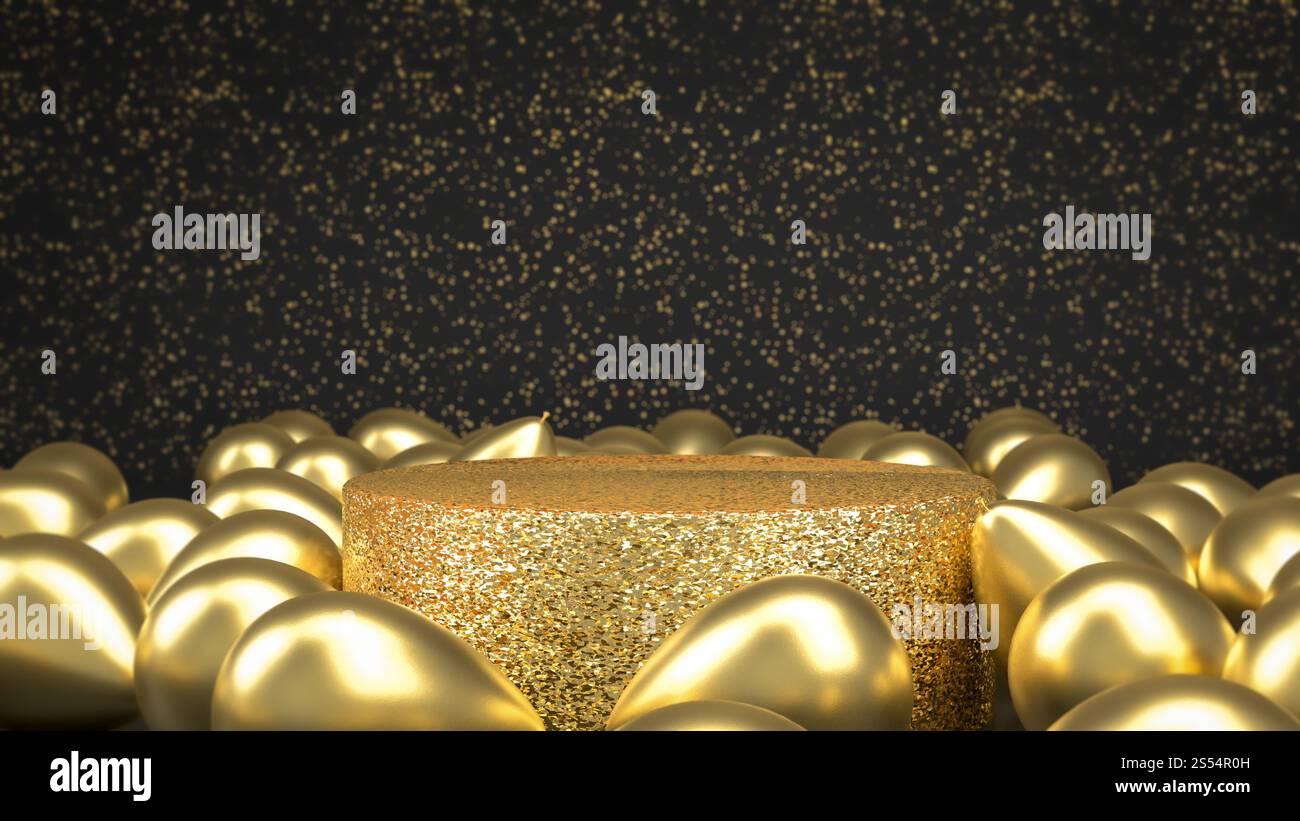 3D-Darstellung von goldenem Sockel oder Podium zwischen goldenen Ballons in schwarzem Raum. Rechtes Hintergrundbild für das Platzieren des Objekts oder Produkts. Bild für Stockfoto