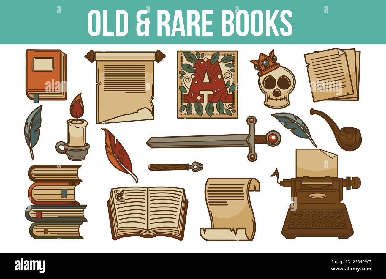 Alte und seltene Bücher zusammen mit Artefakten und Kerzen. Alte Papierbarren, Vintage Schreibmaschine, scharfes Schwert, Schädel in Krone, hölzerne Rauchpfeife und Feder, um Vektorillustrationen zu schreiben. Alte und seltene Bücher zusammen mit Artefakten und Kerzen Stock Vektor