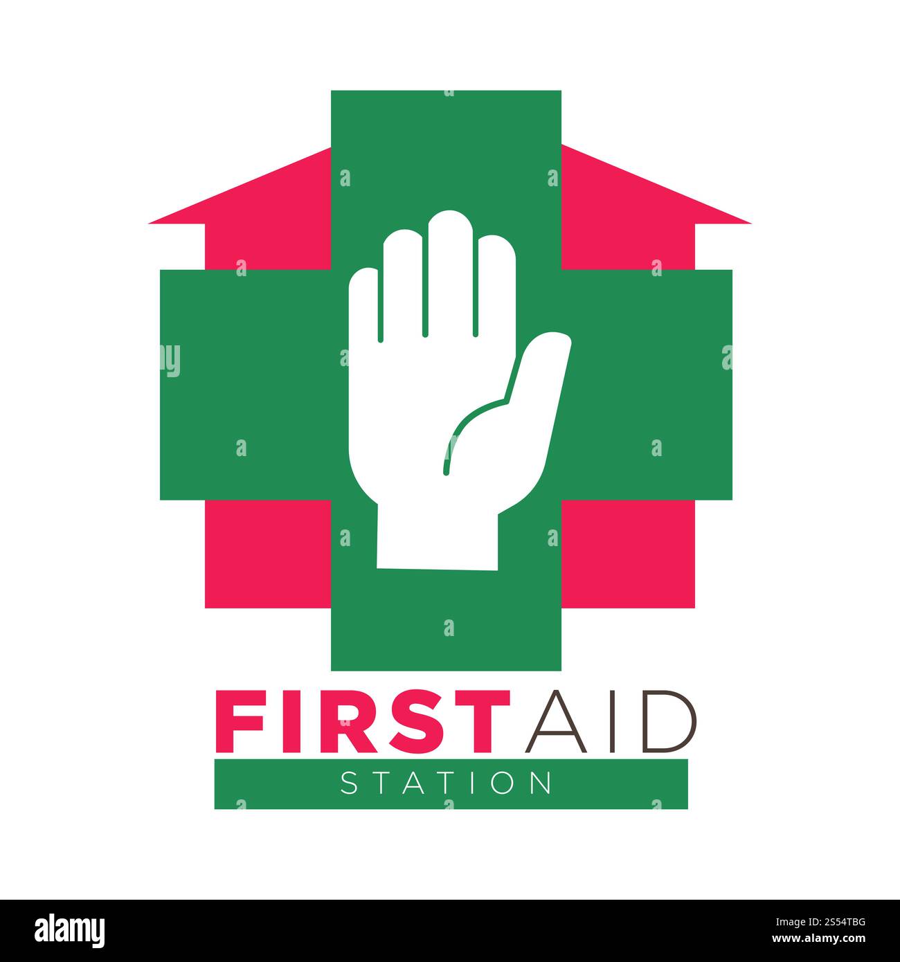 Werbelogo für erste-Hilfe-Station mit Menschenpalme, großem grünen Kreuz und rotem Haus mit Schild darunter. Schnelle medizinische Hilfe isolierte Karikatur flache Vektor-Illustration auf weißem Hintergrund.. Werbelogo für erste-Hilfe-Station mit Handfläche und Kreuz Stock Vektor