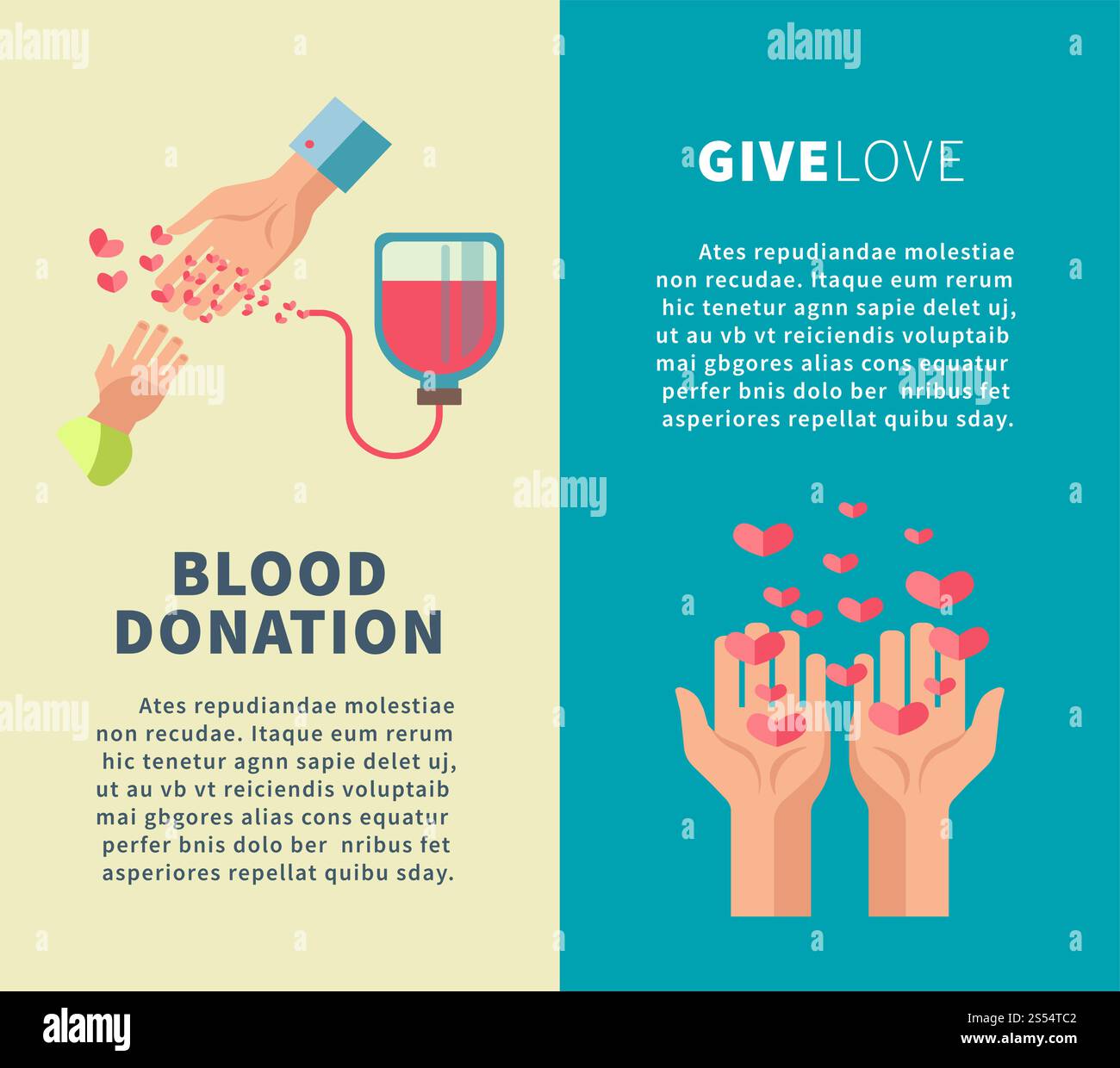 Blutspende oder Give Love Social Spender Freiwillige Aktion Poster Vorlagen. Vektor-flaches Design der Blutspenderhand und Herzen für den Welt-Blutspendertag Wohltätigkeitsorganisation und Freiwilligenkonzept. Blutspende und Love Social Action Vector Flat Poster für Freiwilligenorganisationen Stock Vektor