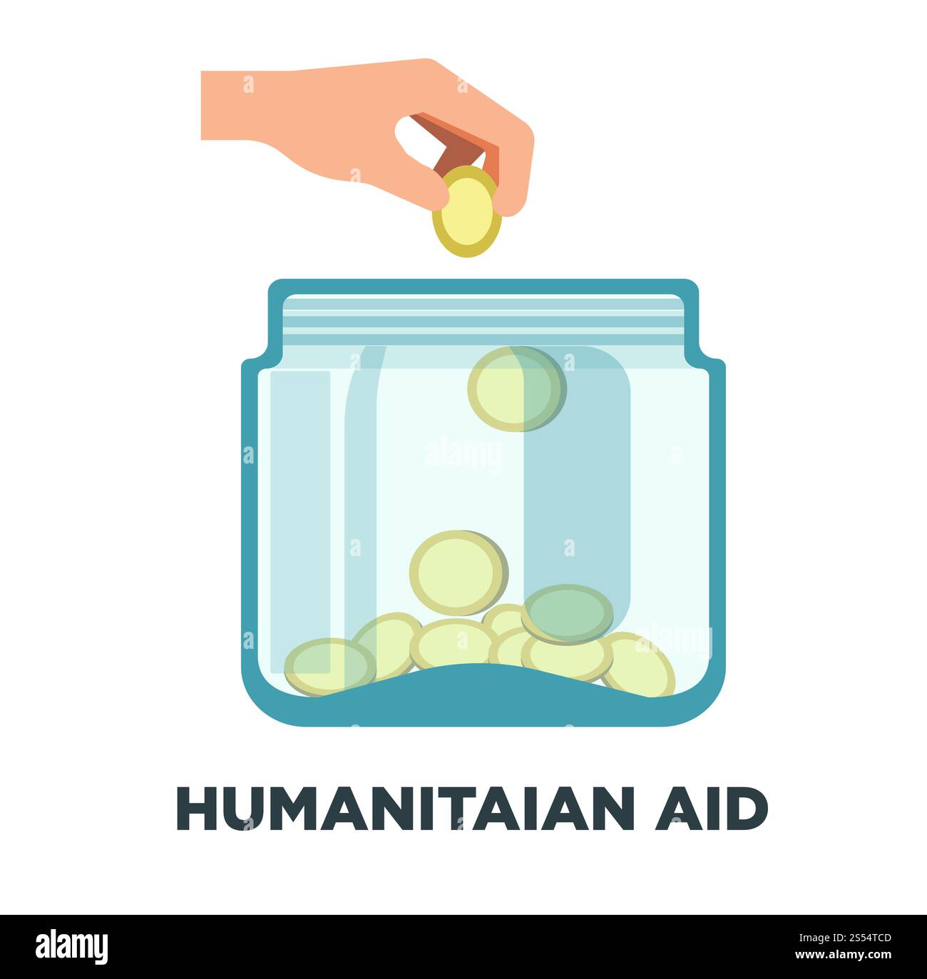 Werbelogo für humanitäre Hilfe mit einem Gefäß voller Münzen und Menschenhand. Finanzielle nicht-rentable Investition, um Menschen in Not zu helfen kommerzielles Emblem isolierte Zeichentrickfilm flache Vektor-Illustration.. Logotypisierung für die humanitäre Hilfe mit einem Glas voller Münzen Stock Vektor