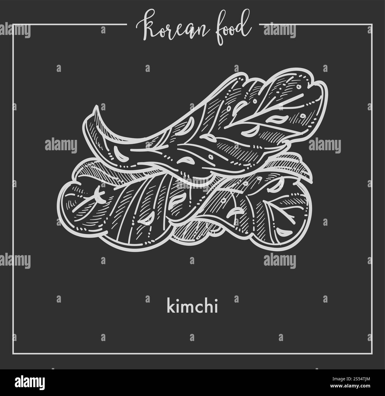 Köstliche vegetarische Kimchi-Blätter aus traditionellem koreanischem Essen. Scharfes, gewürztes Sauerkraut Pekingkohl. Organisches gesundes Gericht der pflanzlichen monochromen Vektor-Illustration auf schwarzem Hintergrund. Köstliche vegetarische Kimchi-Blätter aus traditionellem koreanischem Essen Stock Vektor