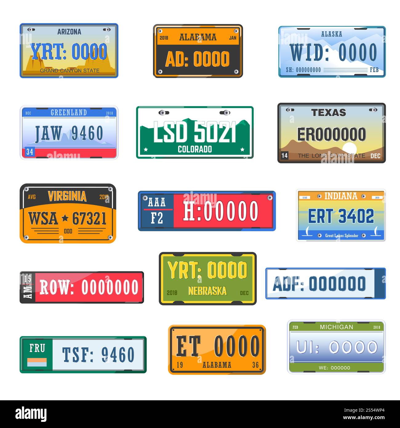 Sammlung der Kennzeichen des Fahrzeugs aus verschiedenen Ländern. Vektor-isolierte Symbole Satz des Kfz-Nummernschilds aus Amerika mit dem Namen des Bundesstaates und den Flaggen. Vektorsymbole für die Sammlung von Kfz-Nummernschildern mit verschiedenen Landesflaggen Stock Vektor