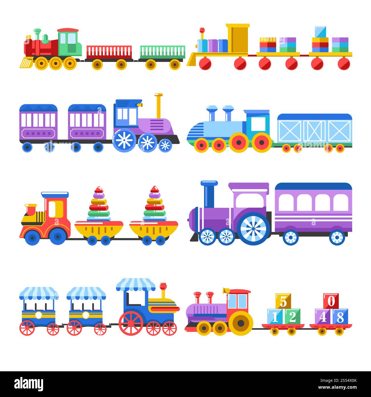 Spielzeugzüge mit Kinderspielzeug und Kinderspielzeug für Kindergartenjungen Kinderdesign. Vektor isolierte flache Symbole Set von Zügen mit Kugel, Pyramiden Konstruktor und Buchstabenwürfel im Wagen. Spielzeugzug mit Kinderspielzeug Vektor flache Symbole für Kinder Design Stock Vektor