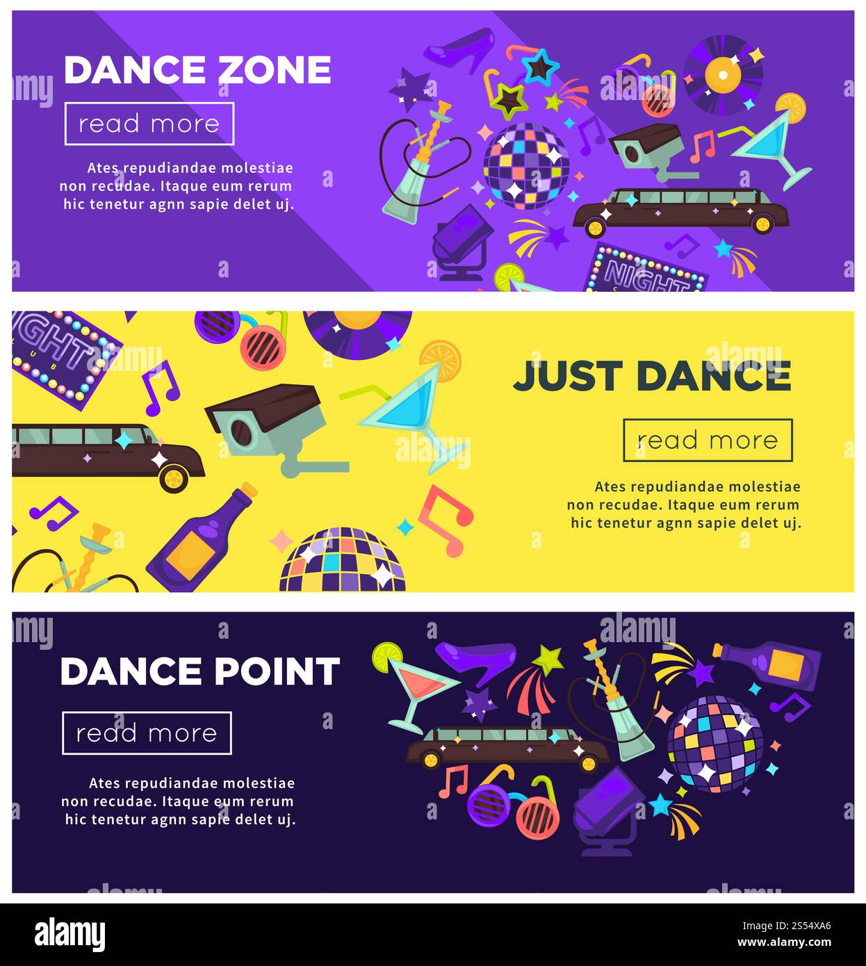 Tanzzone Werbe-Vorlagen-Set für helle Internet-Poster. Nachtclub Webseiten mit langer Limousine, großer Wasserpfeife, Discoball und alkoholischen Getränken in Flaschen und Gläsern Comic Vektor Illustrationen. Tanzzone Werbe-Vorlagen-Set für helle Internet-Poster Stock Vektor