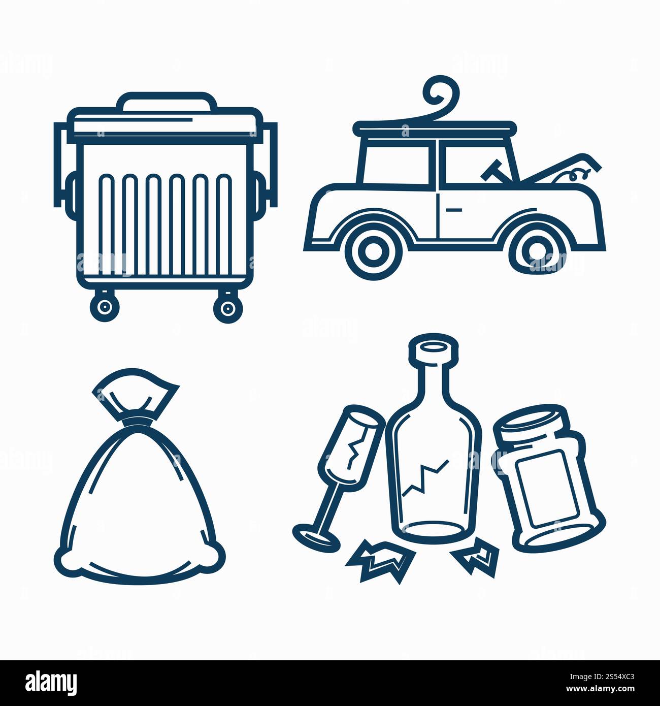 Straßenmüll, kaputtes Auto und nutzloser Müll. Nicht funktionierendes Fahrzeug, Müllpackung und zerrissene Glasbehälter isolierte Karikatur flache monochrome Vektor-Illustrationen auf weißem Hintergrund. Steet Mülleimer, kaputtes Auto und nutzloser Müll Stock Vektor