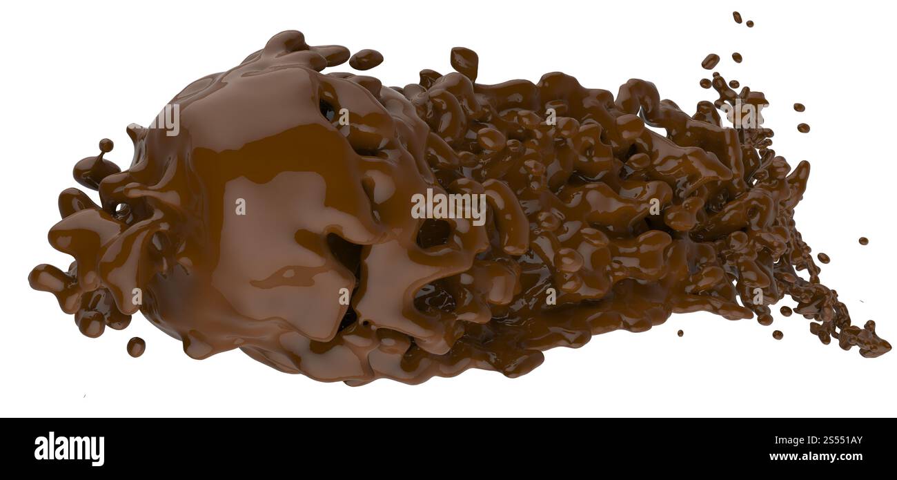 Nahaufnahme Spritzer braune heiße Schokolade 3D auf weißem Hintergrund Stockfoto