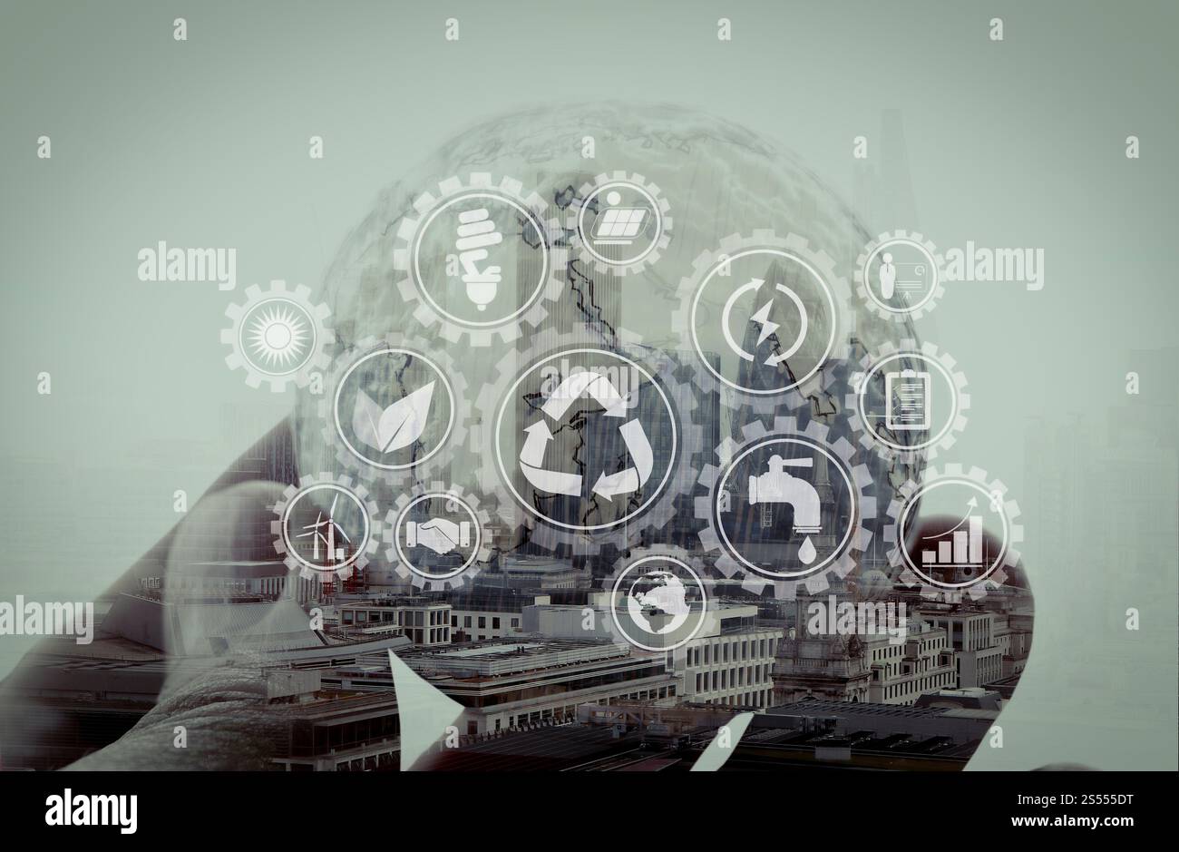 Nachhaltige Entwicklung mit Symbolen für erneuerbare Energien und natürliche Ressourcen Erhaltung mit Umweltschutz in Connected Stockfoto