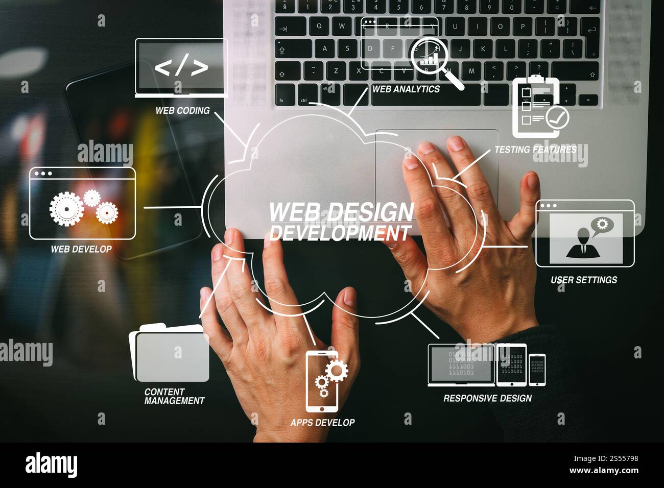 Die Entwicklung Programmierung und Coding Technologies mit Web site Design in Virtuellen Diagramm. Cyber Security Internet und Netzwerk Konzept. Geschäftsmann hand Stockfoto