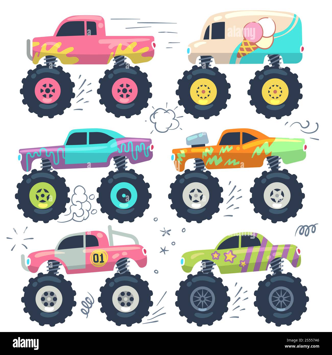 Monster Trucks. Kinderspielzeug. Cartoon Vektor Set Transport schwer, Automobil Monster, Auto Auto Auto Power Illustration. Monster Trucks. Kinderspielzeug. Zeichentrickvektorsatz Stock Vektor