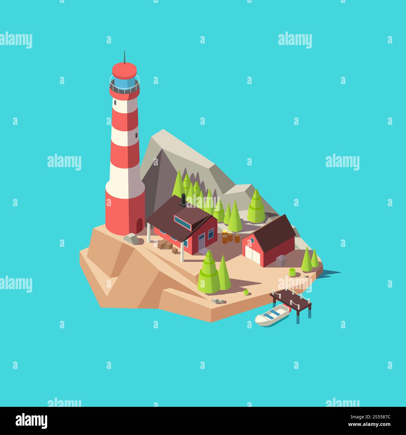 Isometrischer Leuchtturm. Insel mit Turm und Haus, Bäumen und Boot auf dem Meer. 3D Leuchtturm Vektorillustration. Leuchtturm im Meer, isometrischer Turm und Insel. Isometrischer Leuchtturm. Insel mit Turm und Haus, Bäumen und Boot auf dem Meer. 3D Leuchtturm Vektorillustration Stock Vektor