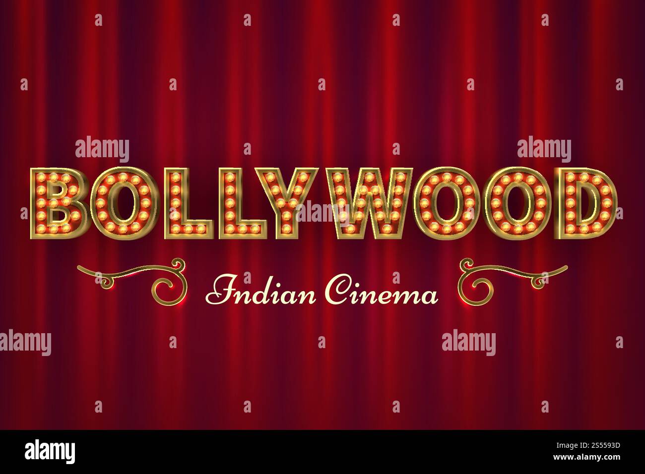 Bollywood-Kinoplakat. Vintage indischer klassischer Film Vektor Hintergrund mit roten Vorhängen. Illustration der Schrift bollywood india, Kinematographie Event Cinema. Bollywood-Kinoplakat. Vintage indischer klassischer Film Vektor Hintergrund mit roten Vorhängen Stock Vektor