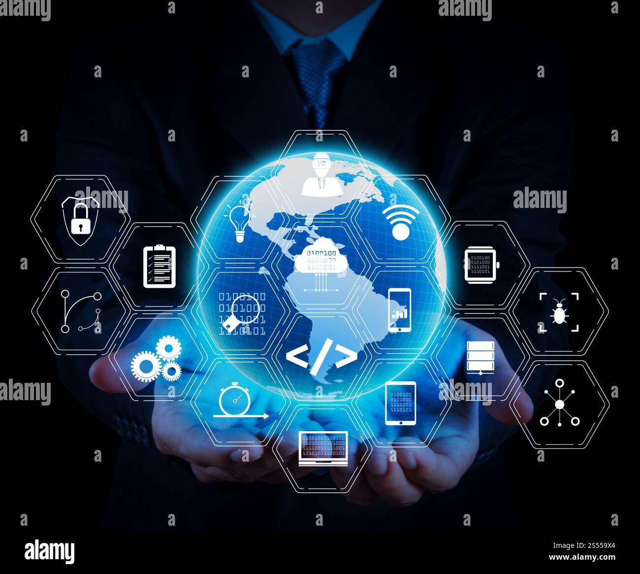 Entwickler von Programmiersoftware arbeiten mit Augmented Reality Dashboard-Computersymbolen für agiles Scrum sowie Code Fork und Versionierung mit Stockfoto
