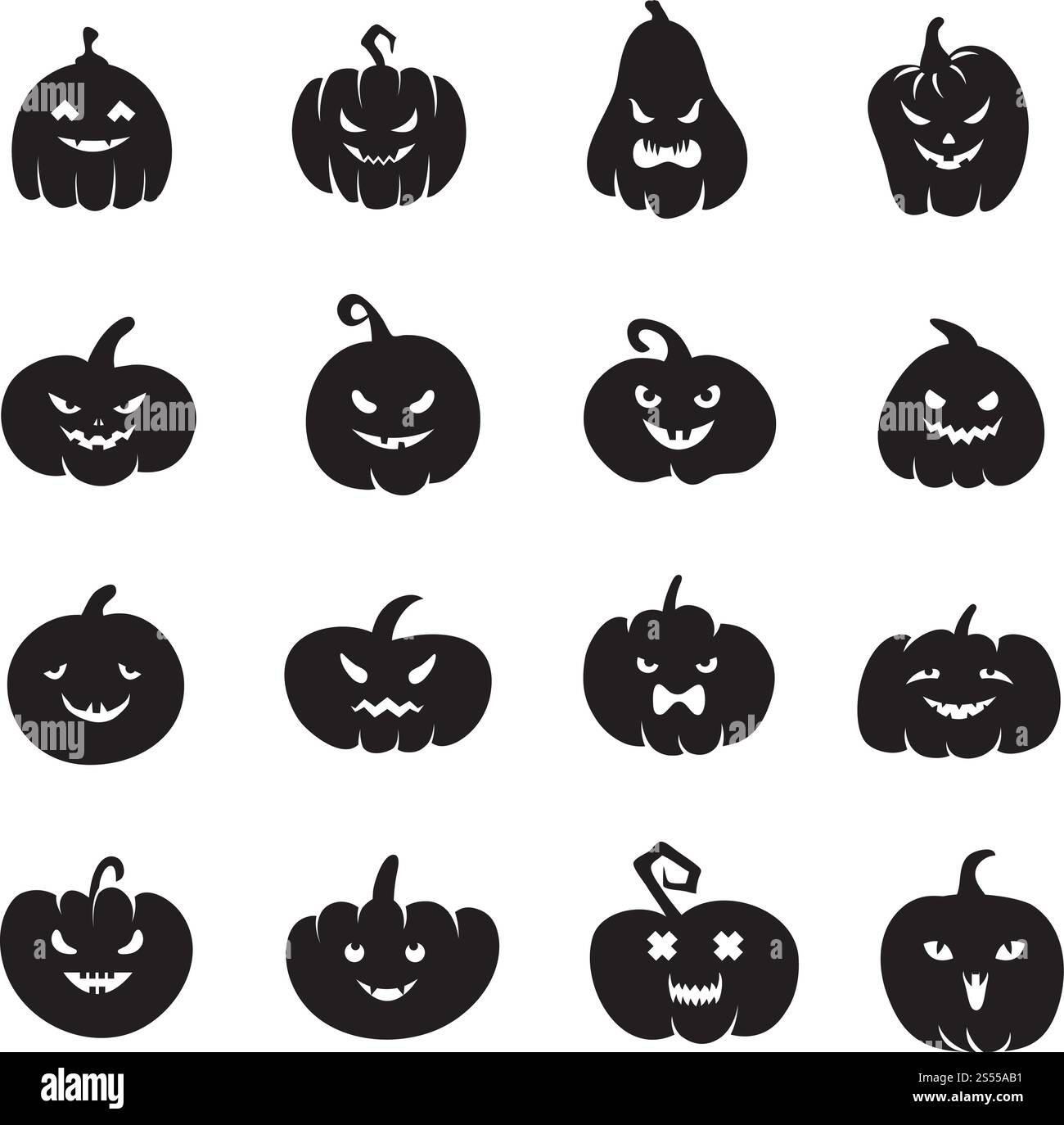 Halloween Kürbis Gesichter. Gruselige Kürbisse, blutig mit bösem Lächeln und Augen. Kürbis-schwarze Silhouette zur halloween-Weihnachtsillustration. Halloween Kürbis Gesichter. Gruselige Kürbisse, blutig mit bösem Lächeln und Augen Stock Vektor