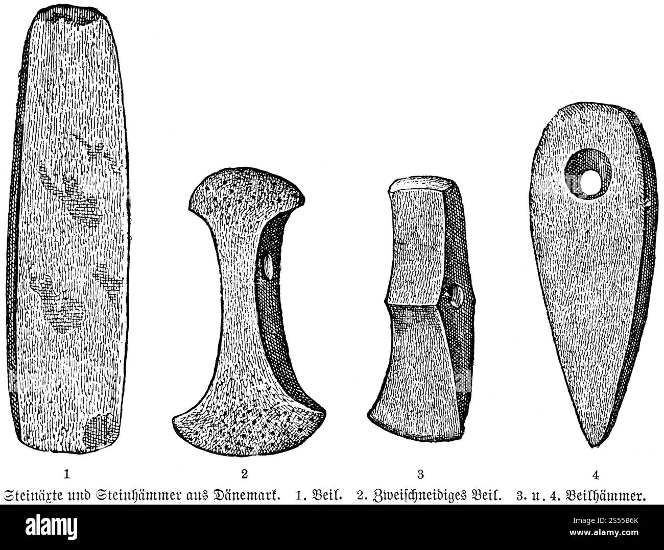 Steinwerkzeuge der Eingeborenen Dänemarks, Steinaxt, Steinhammer, Axt, Archäologie, Steinzeit, Geschichte der prähistorischen Menschheit, Dänemark, historische Illus Stockfoto