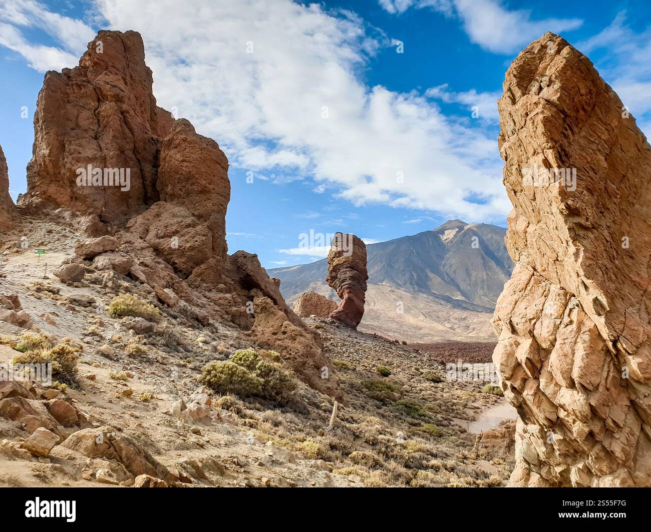 Landschaft der vulkanischen Wüste mit Felsformationen und Vulkan Teide, Teneriffa. Fantastische Landschaft der vulkanischen Wüste mit Felsformationen und Stockfoto