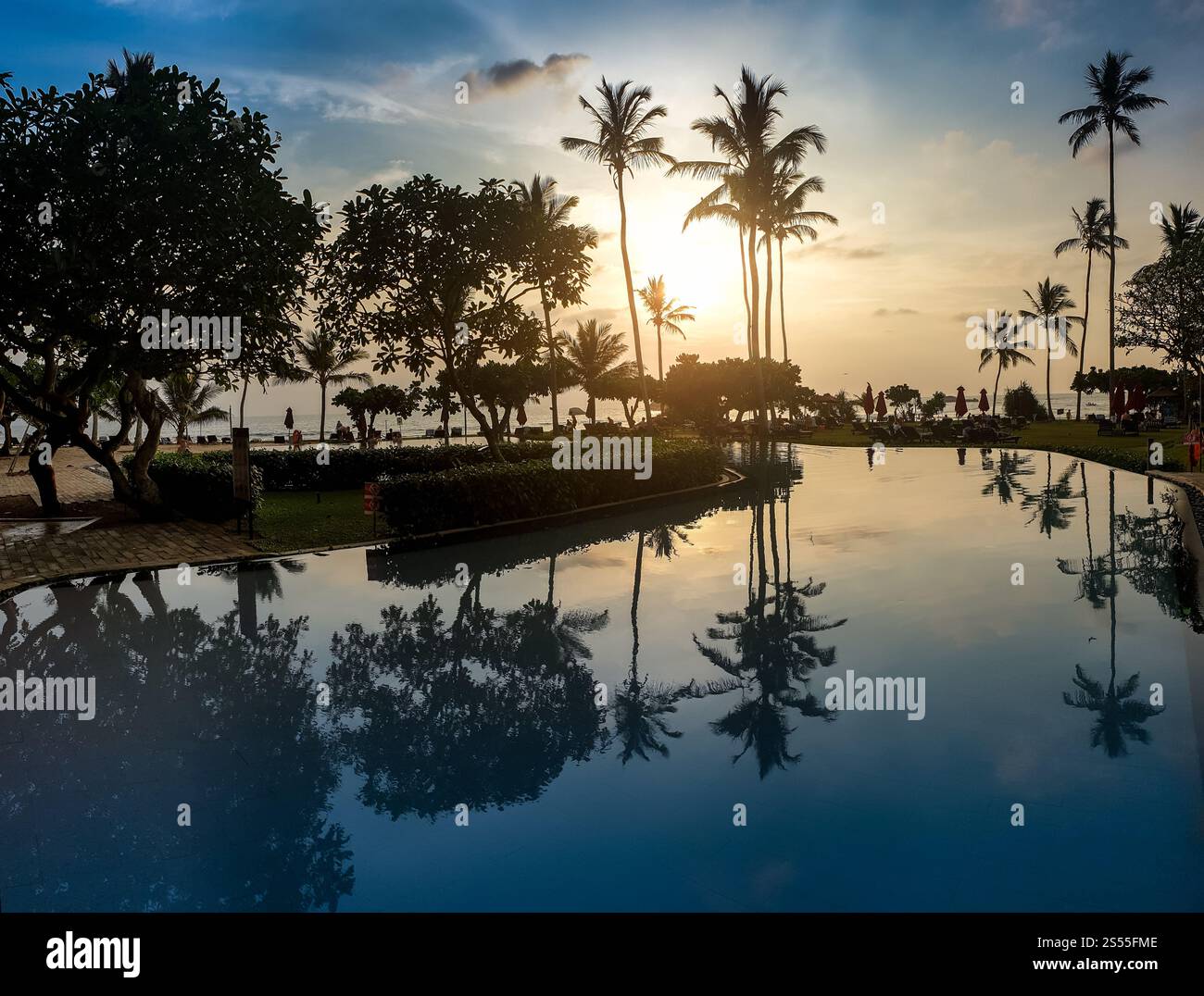 Fantastisches Foto vom Infinity-Swimmingpool und Palmen, die bei Sonnenaufgang auf der tropischen Insel grasen. Fantastisches Bild vom Infinity Swimmingpool und Palmen Stockfoto