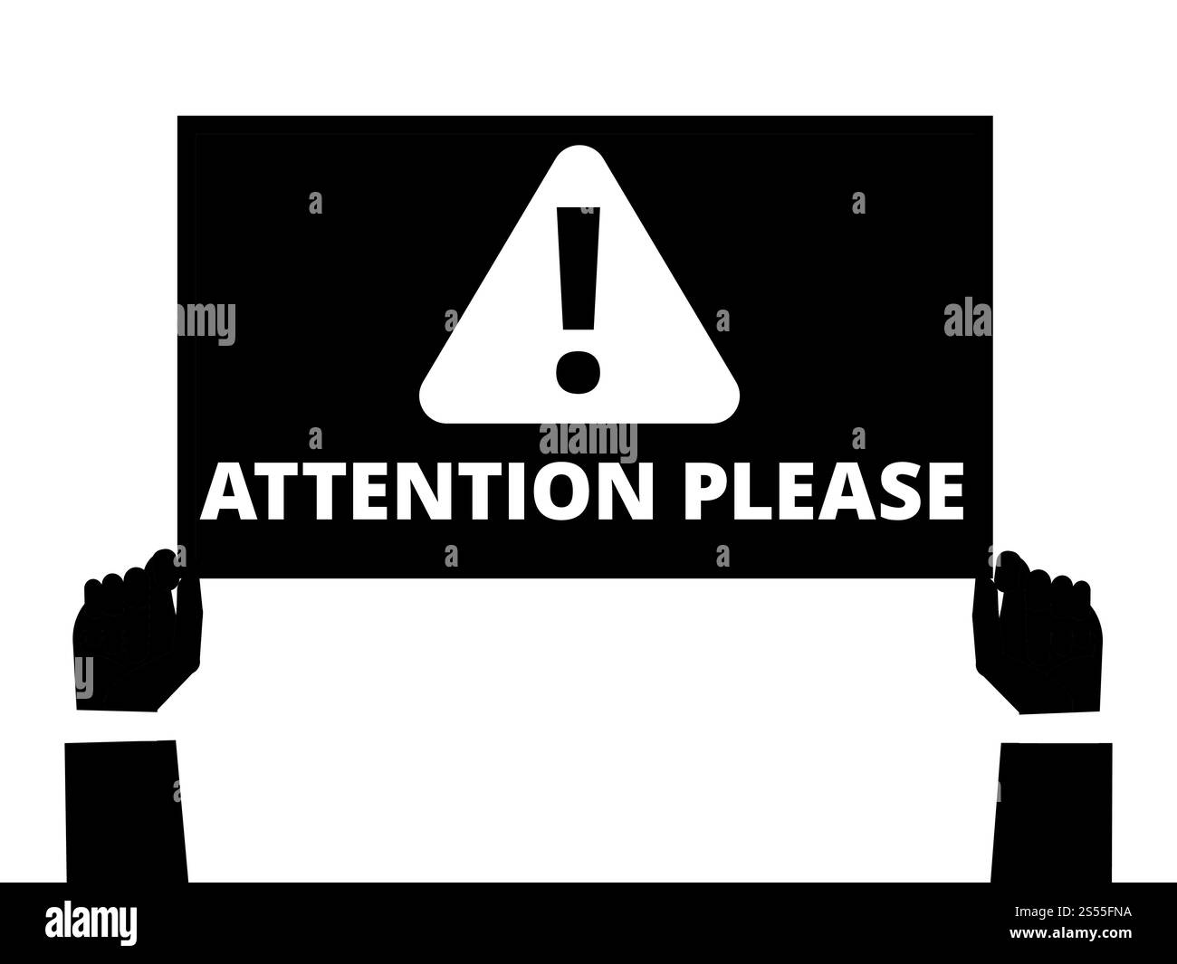 Achtung, bitte. Halten Sie das Informationsbanner mit wichtiger Meldung in die Hände. Schwarz-weiß-Aufmerksamkeitskonzept. Vektorabbildung. Achtung, bitte. Halten Sie das Informationsbanner mit wichtiger Meldung in die Hände Stock Vektor