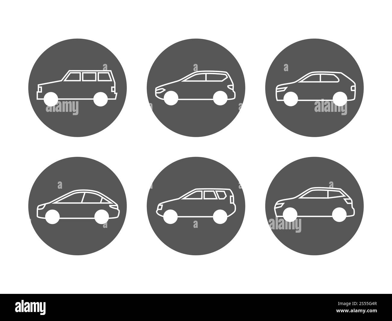 Vektorsatz für die Linien von Autos. Abbildung der automatischen Symbole in der Seitenansicht isoliert auf weiß. Vektorsatz für die Linien von Autos. Automatische Symbole der Seitenansicht Stock Vektor