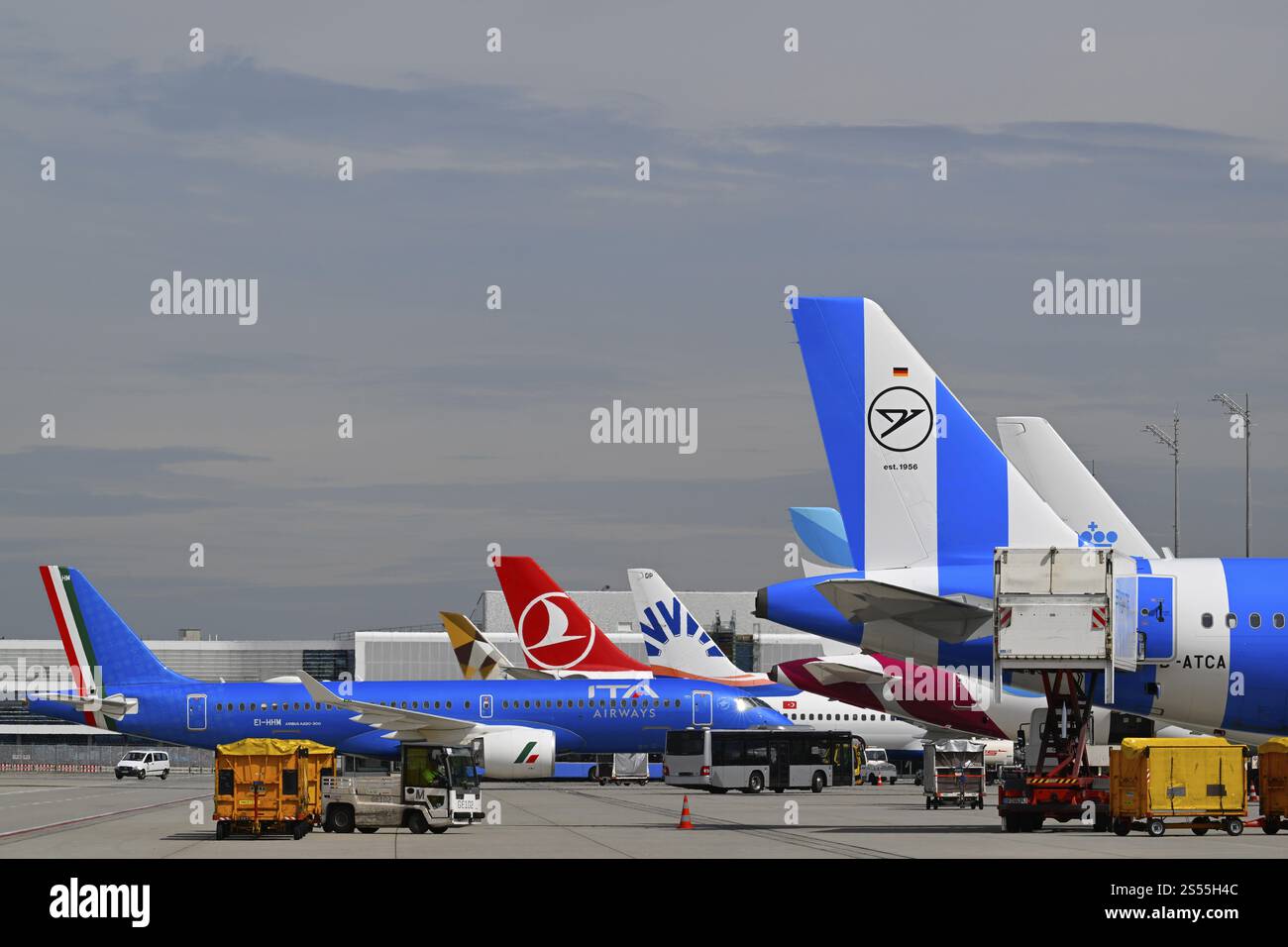 Verschiedene Flugzeuge verschiedener Fluggesellschaften Condor, KLM, Eurowings, ITA Airways, Sun Express, Turkish Airways, Etihad am Check-in-Schalter vor Te Stockfoto
