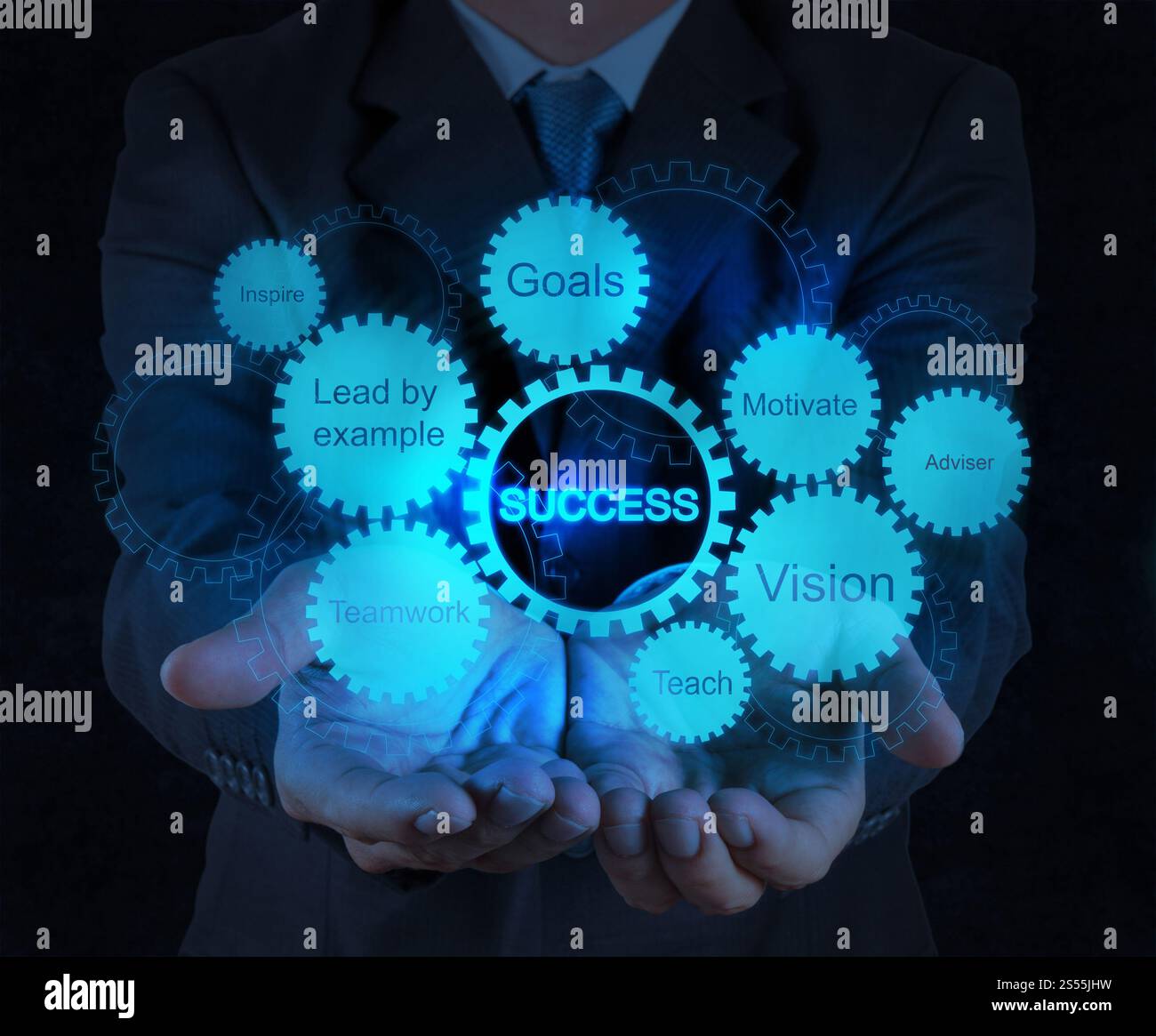 Geschäftsmann Hand zeigt Geschäft Erfolg Diagramm Getriebekonzept Stockfoto