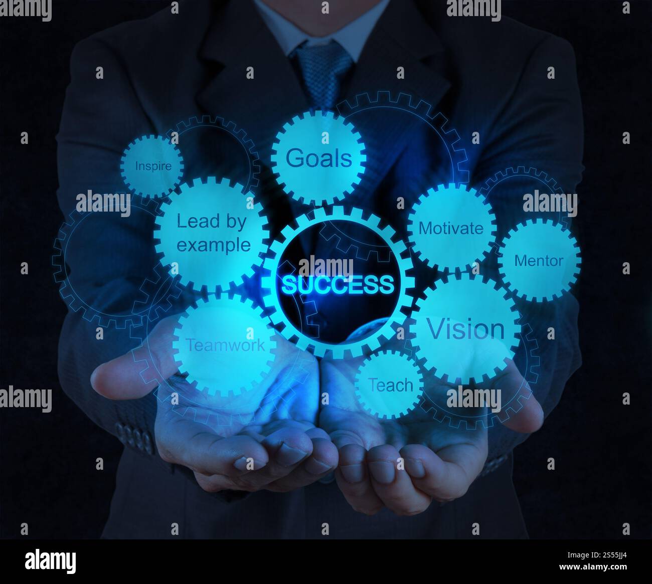 Geschäftsmann Hand zeigt Geschäft Erfolg Diagramm Getriebekonzept Stockfoto