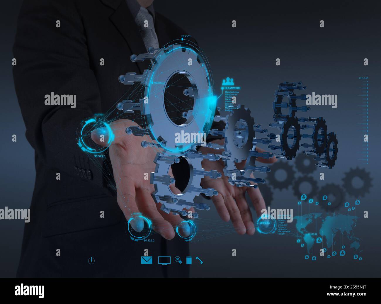Geschäftsmann Hand arbeiten mit Zahnrad-Getriebe zum Erfolg als Teamarbeit Konzept Stockfoto