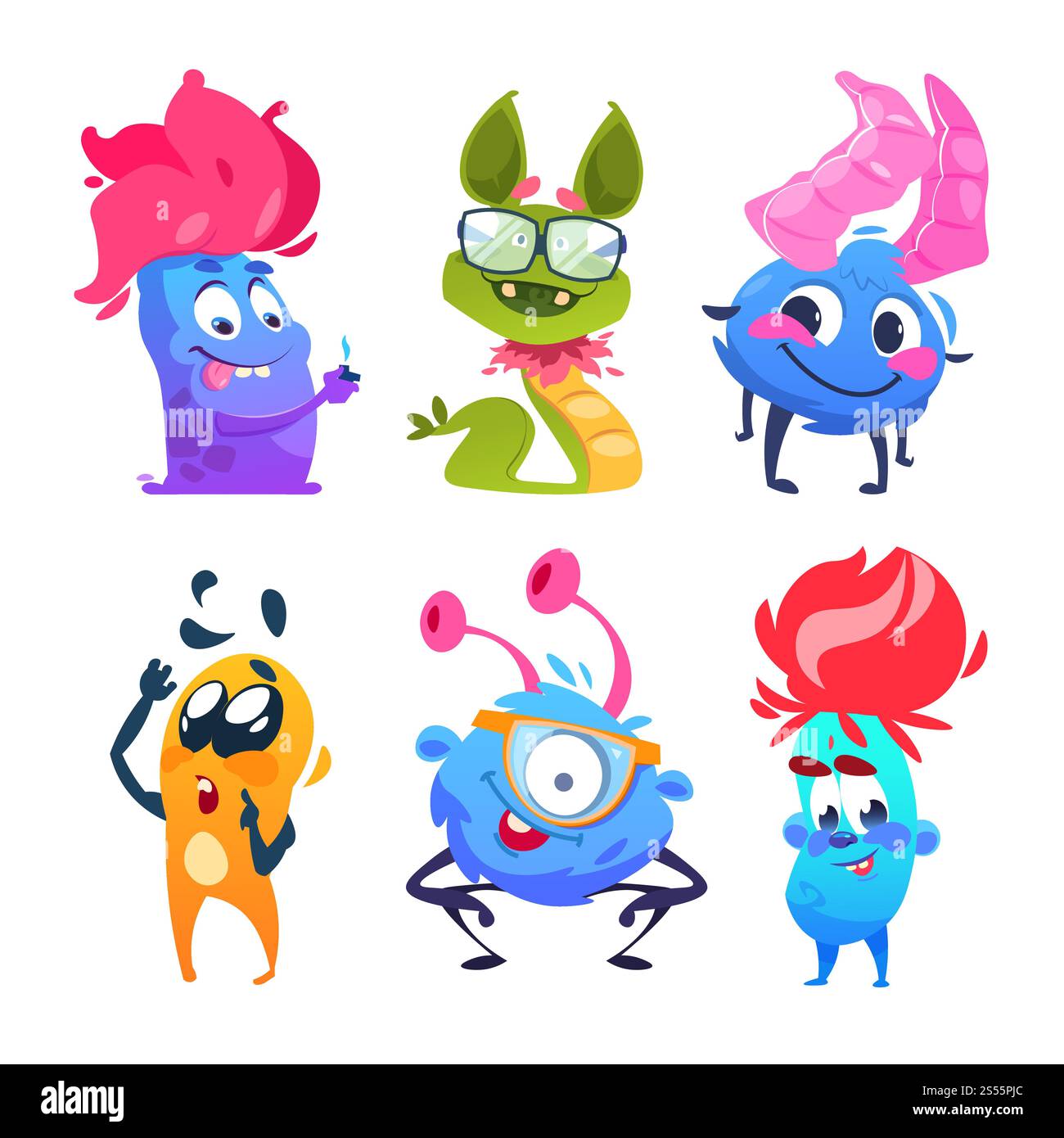 Cartoon-Monster. Halloween-Gremlins. Lustige Vektormonsterfiguren. Monster und Alien, glückliche süße Maskottchen Kreatur für halloween Illustration. Cartoon-Monster. Halloween-Gremlins. Lustige Vektormonsterfiguren Stock Vektor