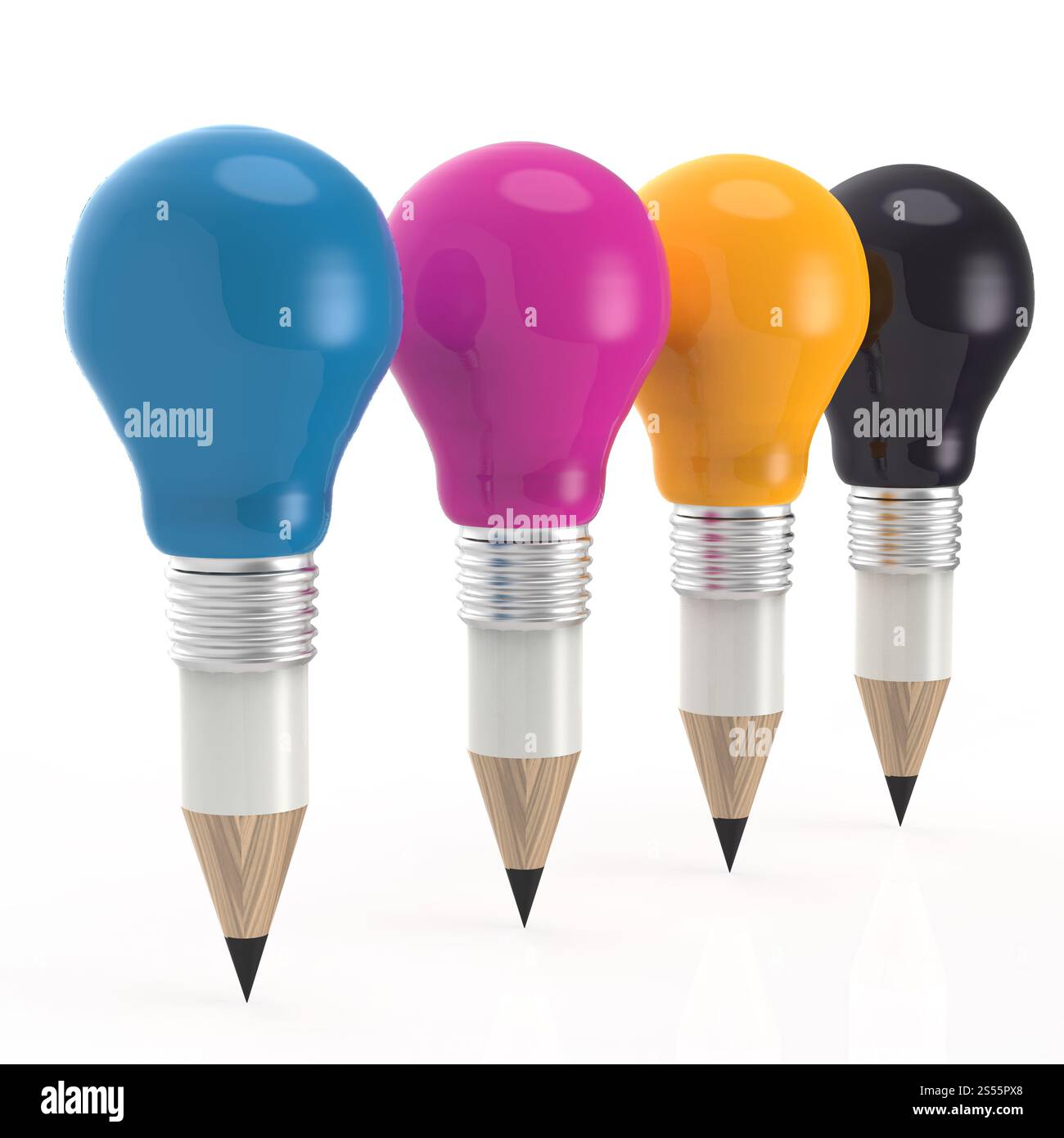 Bleistift Glühbirne Kopf in CMYK-Farbe als kreative Design-Konzept Stockfoto