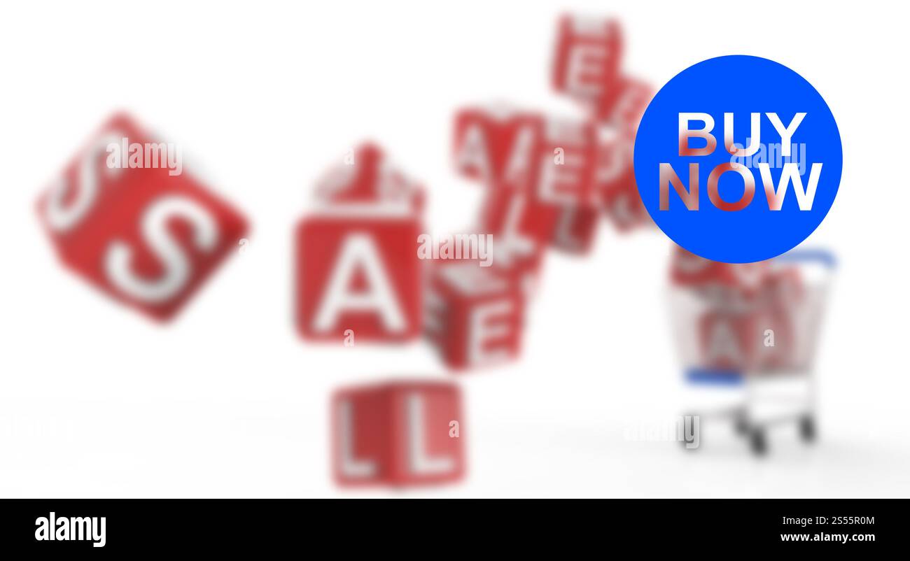 kaufen Sie jetzt und Verkauf kubische mit Wagen als Konzept Stockfoto