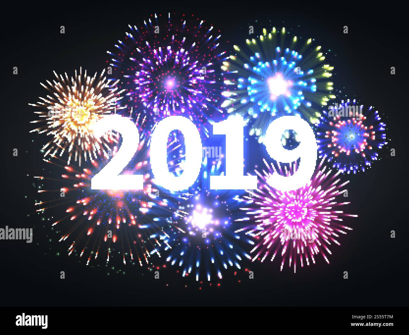 Feuerwerk-Explosion. Happy New Year 2019 Event-Banner. Pyrotechnische Funken. Festliches Feuerwerk Feier Vektor Hintergrund. Neujahrsfeiertag, Feuerwerk feiern, Party mit Pyrotechnik feiern. Feuerwerk-Explosion. Happy New Year 2019 Event-Banner. Pyrotechnische Funken. Festliches Feuerwerk Feier Vektor Hintergrund Stock Vektor