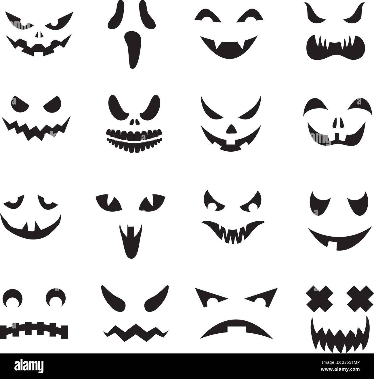 Kürbisflächen. Halloween Jack o Laterne Gesicht Silhouetten. Monster Geister schnitzen schaurige Augen und Mund Vektor Symbole Set. Illustration von halloween Gesicht Silhouette, gruselige Monster Kürbis. Kürbisflächen. Halloween Jack o Laterne Gesicht Silhouetten. Monster Geister schnitzen schaurige Augen und Mund Vektor Symbole Set Stock Vektor