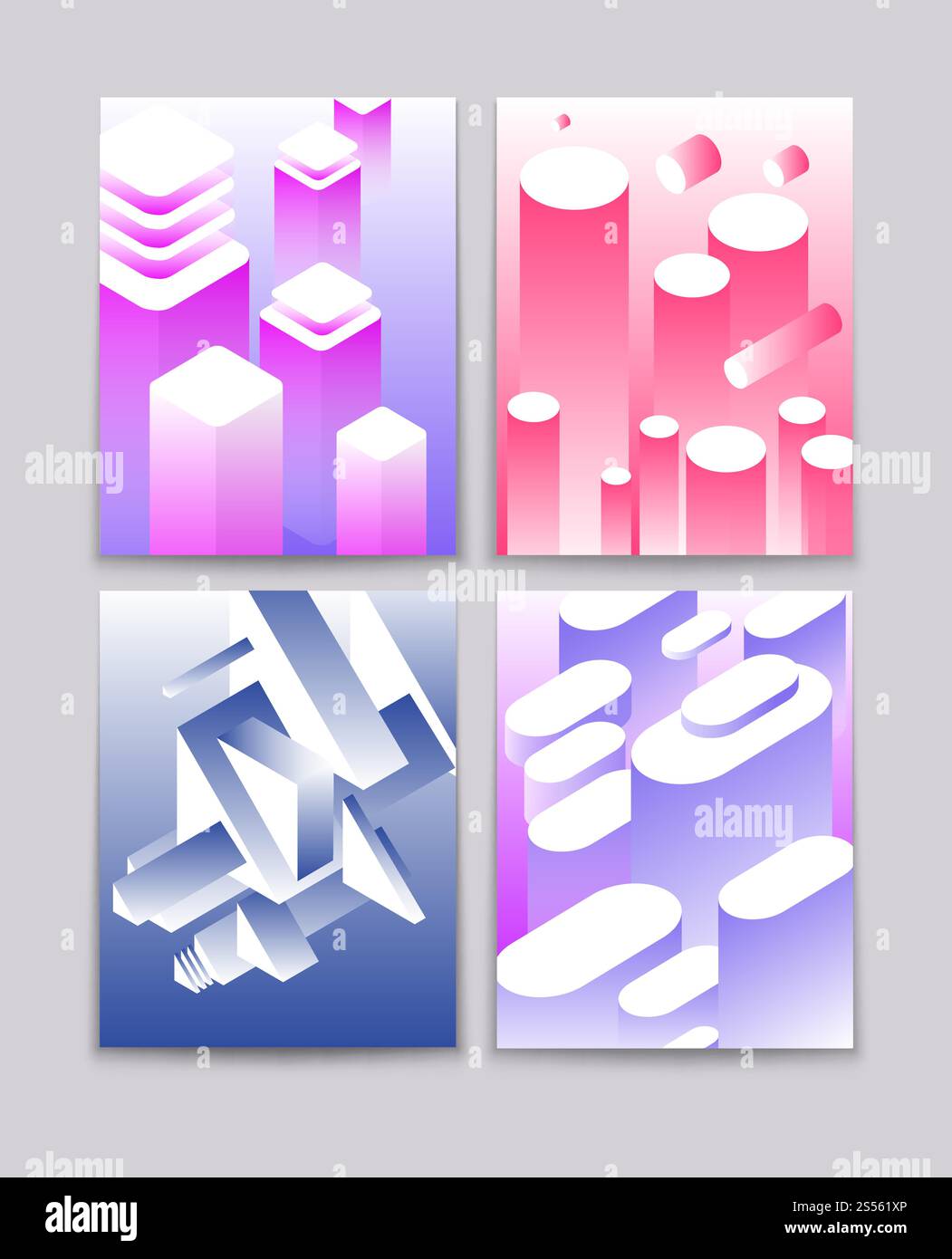 Abstrakte 3D-Formen. Kühle Gradienten-Isometrie Formen technologisch futuristische Hintergründe. Vektor moderne Bucheinbände. Illustration der geometrischen isometrischen Farbkarte und des Broschürendesigns. Abstrakte 3D-Formen. Kühle Gradienten-Isometrie Formen technologisch futuristische Hintergründe. Vektor moderne Bucheinbände Stock Vektor