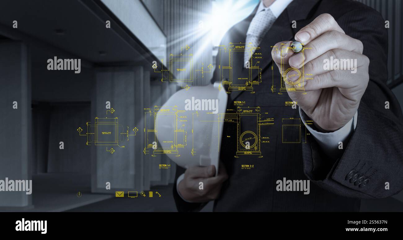 Ingenieur Zeichnung Hauptloch Sanitär Diagramm auf virtuellen Brett als Konzept Stockfoto