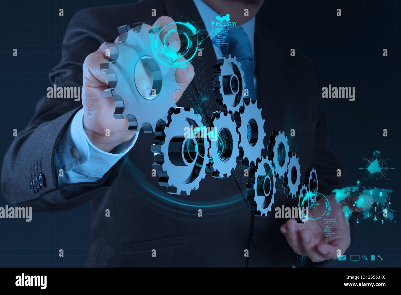 Geschäftsmann Hand arbeiten mit Zahnrad-Getriebe zum Erfolg als Konzept Stockfoto