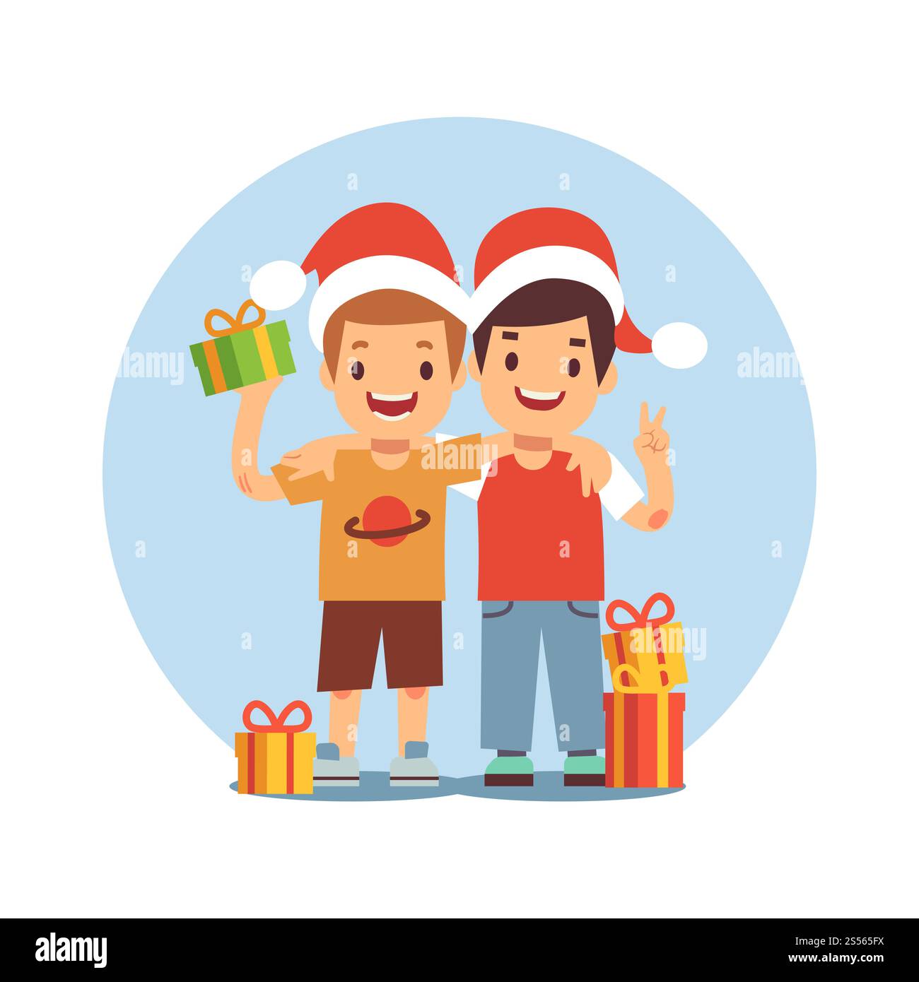 Zwei Zeichentrickjungen feiern Weihnachten und Neujahr auf weißem Hintergrund. Vektorabbildung. Zwei Comic-Jungs feiern Weihnachten und Neujahr Stock Vektor