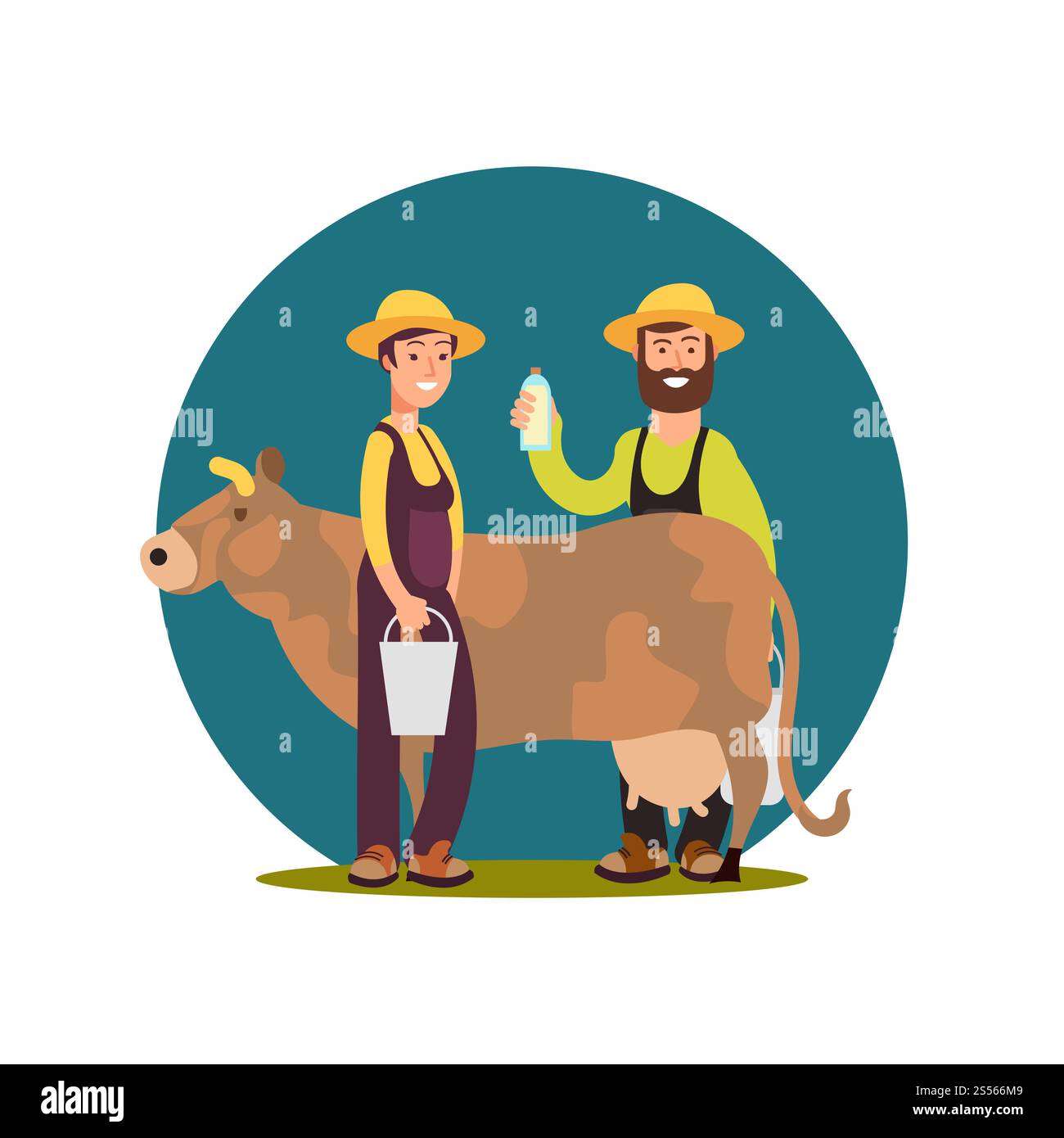 Bio-Milchprodukte. Comicfigur glückliche Bauern mit Kuhvektordesign. Illustration der Milchkuh- und Bauernfigur. Bio-Milchprodukte. Comicfigur glückliche Bauern mit Kuhvektordesign Stock Vektor