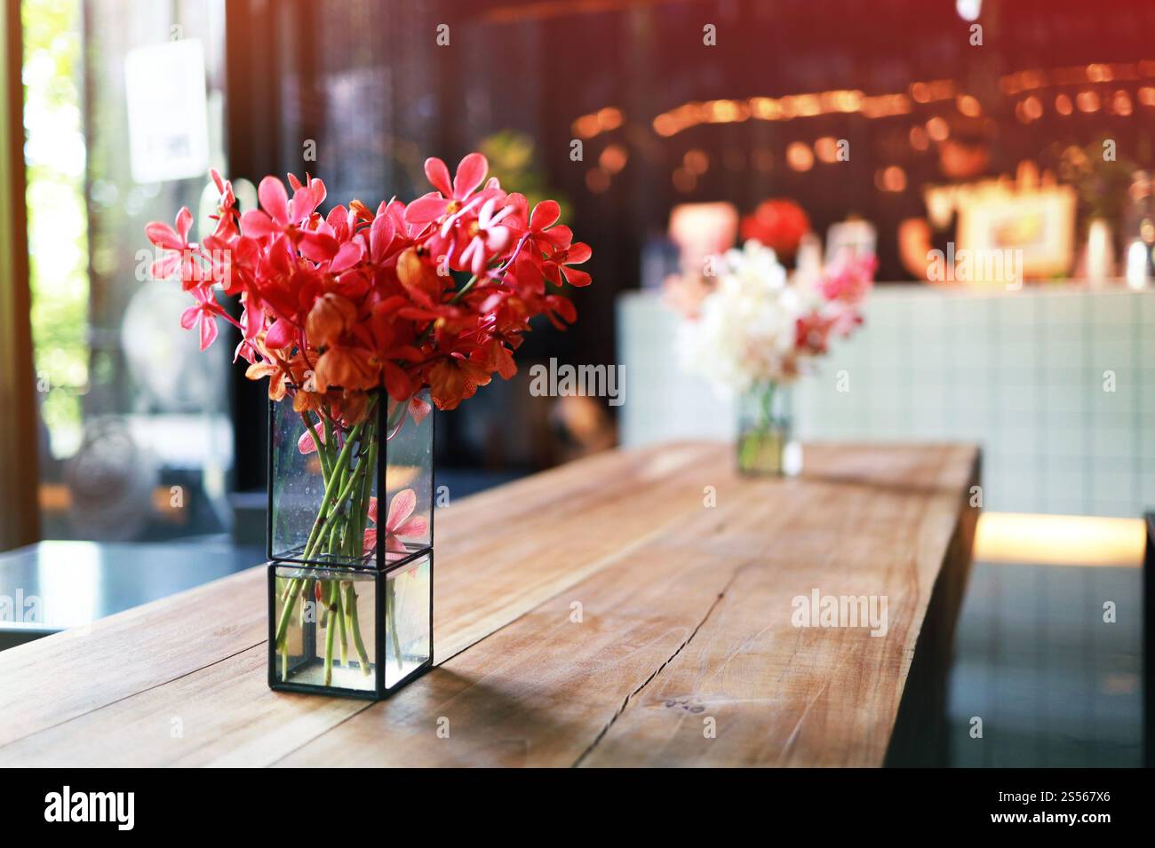 Rosa Blume in Vase steht auf dem Tisch in einem Café für Hintergrund Stockfoto