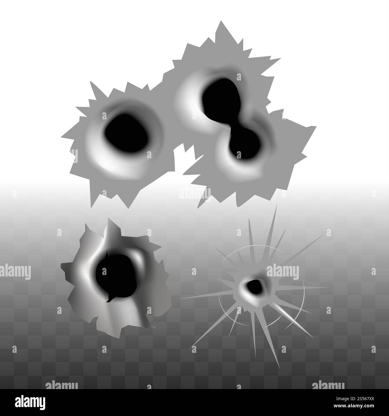 Beschädigte Oberflächen-Kugelloch-Glasrisse und Metall oder Wand isoliert auf transparenten Vektorschüssen oder Schussöffnungen Ziel- oder Zielzerstörung und Stockfoto