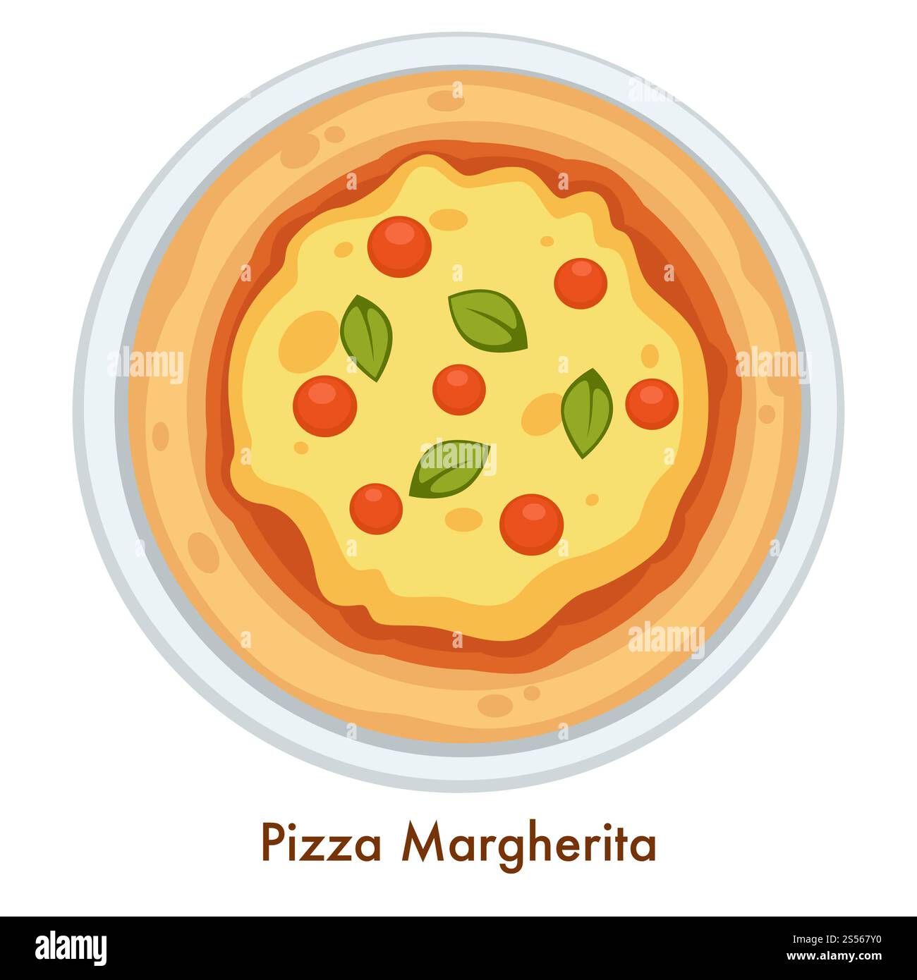 Pizza Margherita italienisches Essen Gericht Vektor Küche Italiens isolierte Vektor Mahlzeit Kirschtomaten geschmolzener Käse und Basilikum Gebäck auf Platte kochen Stockfoto