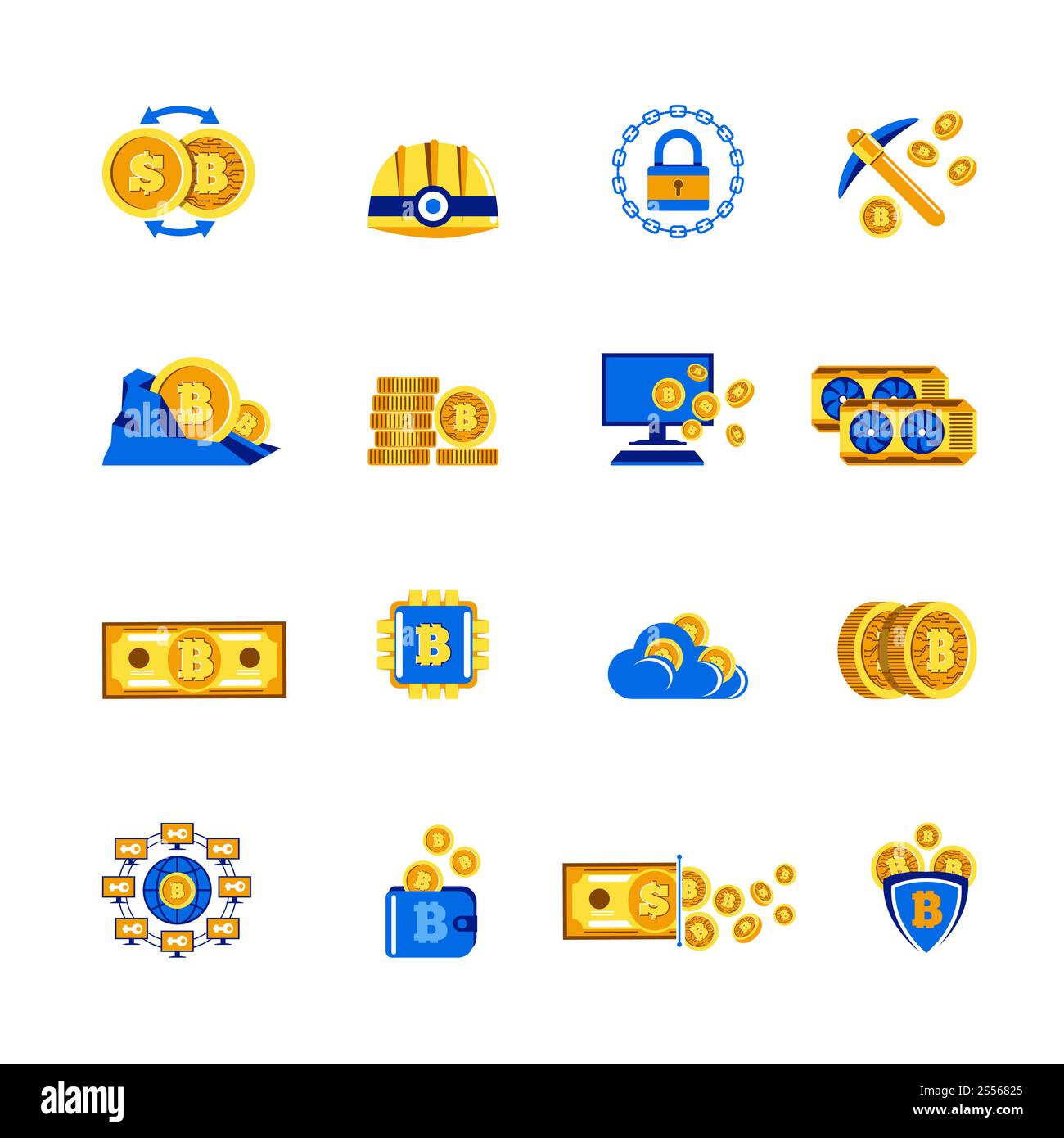 Bitcoin Mining Kryptowährungen elektronische virtuelle Geld-Symbole. Vektor-isolierte Symbole von Bitcoin in Münzen, Computer-Server-Blockchain und digitale Brieftasche, Sprivacy-Sicherheitsschild und Krypto-Schlüssel. Bitcoin Kryptowährung Mining Vektorsymbole für elektronisches virtuelles Geld digitale Währung Stock Vektor