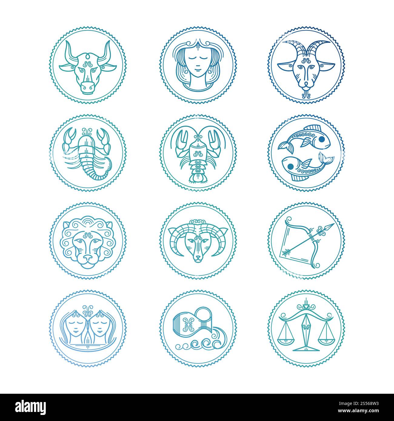 Liniensymbole Zodiac Zeichen Vektor eingestellt. Bunte Horoskop-Embleme isoliert auf weißer Illustration. Liniensymbole Zodiac Zeichen Vektor eingestellt. Bunte Horoskop-Embleme Stock Vektor