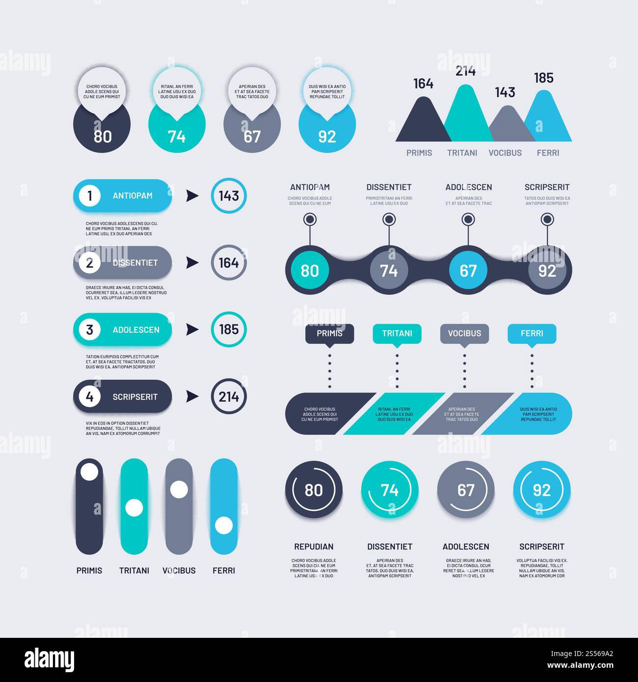Infografik-Elemente. Balkendiagramme Zeitachsen Kreisdiagramm mit Prozentpunkten, Zahlendiagramm und Symbolen. Infografiken zu Unternehmensvektoren. Informationen zu wirtschaftlichen Diagrammen, Diagramm und Diagrammdarstellung. Infografik-Elemente. Balkendiagramme Zeitachsen Kreisdiagramm mit Prozentpunkten, Zahlendiagramm und Symbolen. Infografiken zu Unternehmensvektoren Stock Vektor